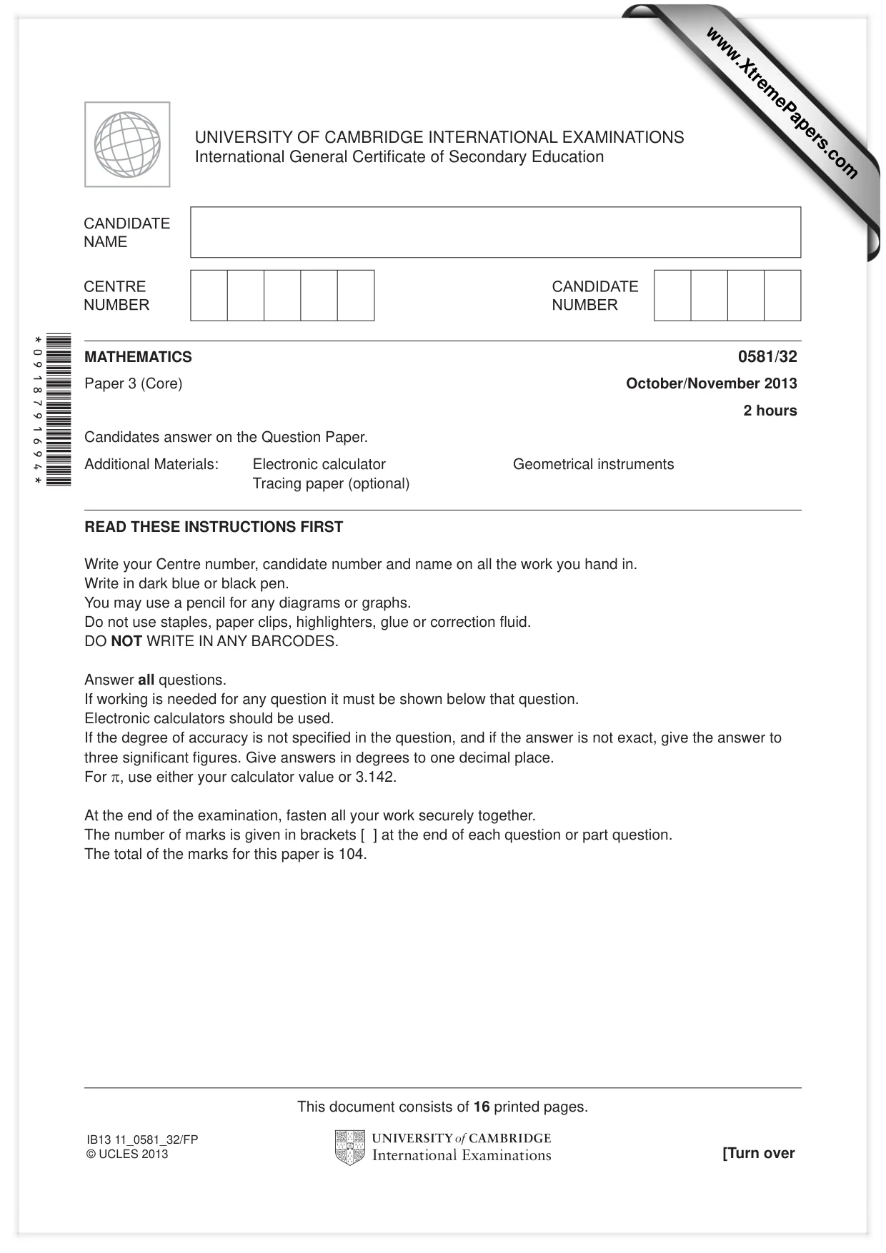 Cambridge IGCSE Mathematics (with coursework) 0581 2013 Oct/Nov Paper 3 · Variant 2 question paper, page 1 of 16