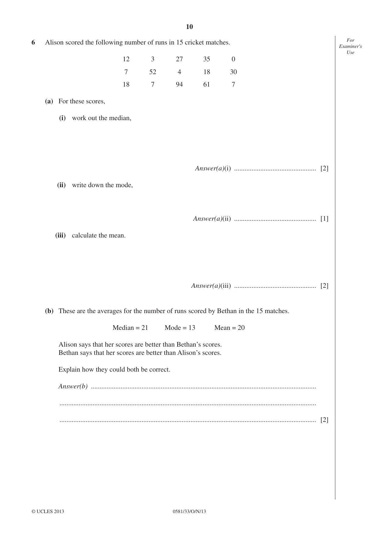 Cambridge IGCSE Mathematics (with coursework) 0581 2013 Oct/Nov Paper 3 · Variant 3 question paper, page 10 of 16