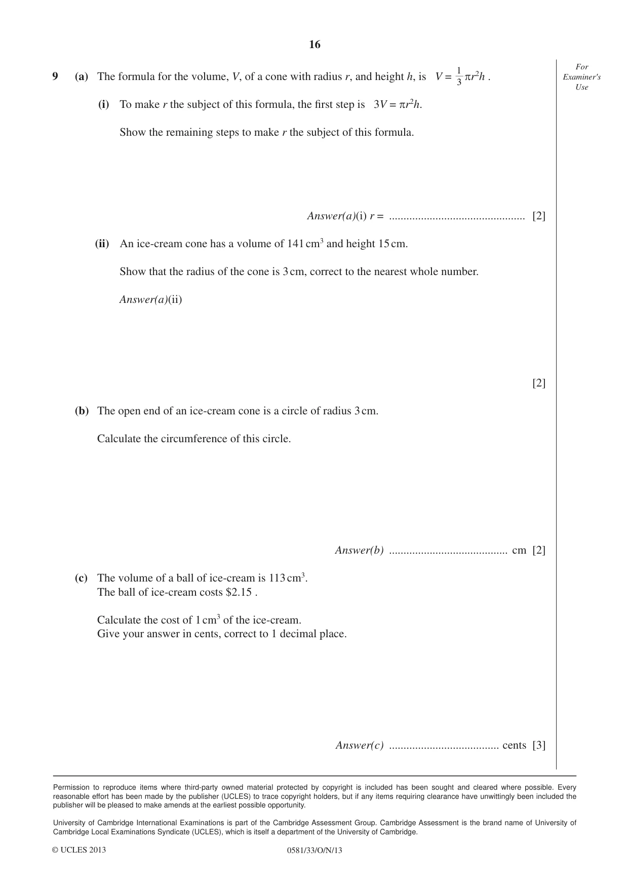 Cambridge IGCSE Mathematics (with coursework) 0581 2013 Oct/Nov Paper 3 · Variant 3 question paper, page 16 of 16