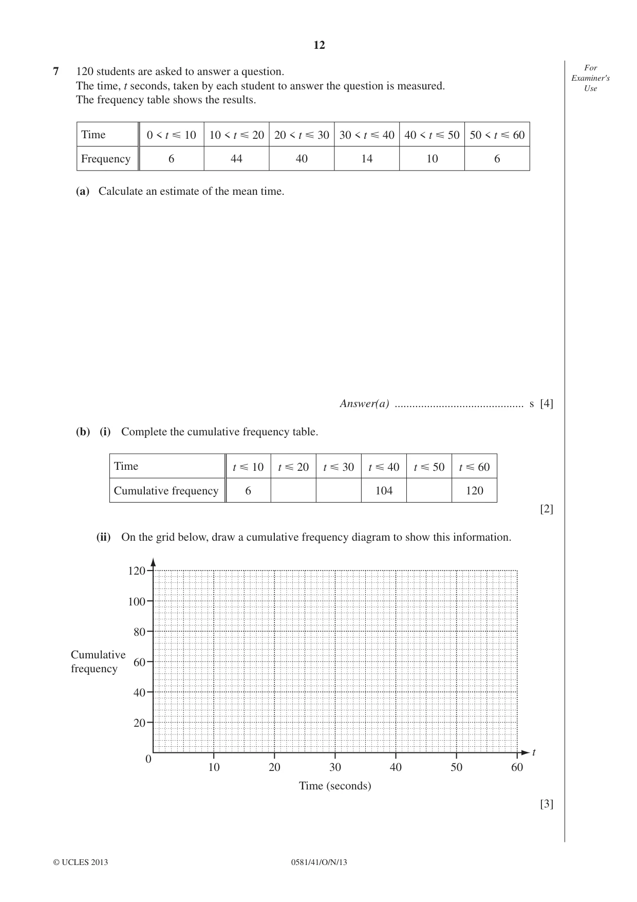 Cambridge IGCSE Mathematics (with coursework) 0581 2013 Oct/Nov Paper 4 · Variant 1 question paper, page 12 of 20