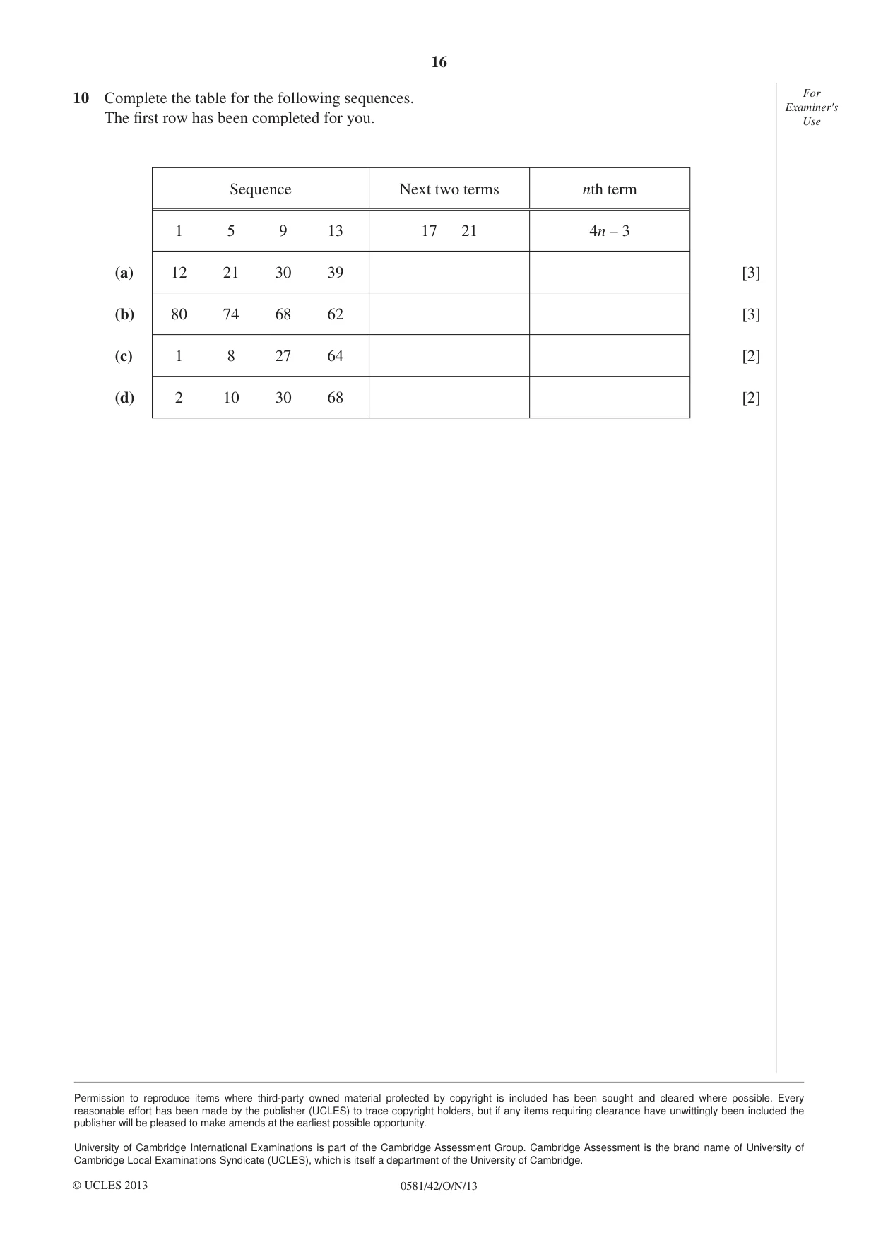 Cambridge IGCSE Mathematics (with coursework) 0581 2013 Oct/Nov Paper 4 · Variant 2 question paper, page 16 of 16