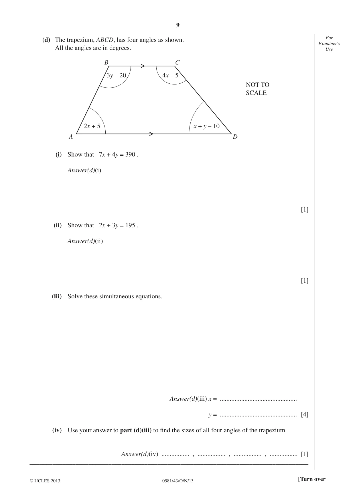 Cambridge IGCSE Mathematics (with coursework) 0581 2013 Oct/Nov Paper 4 · Variant 3 question paper, page 9 of 20