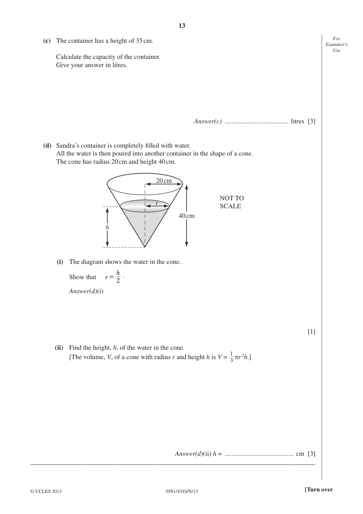Cambridge IGCSE Mathematics (with coursework) 0581 2013 Oct/Nov Paper 4 · Variant 3 question paper, page 13 of 20