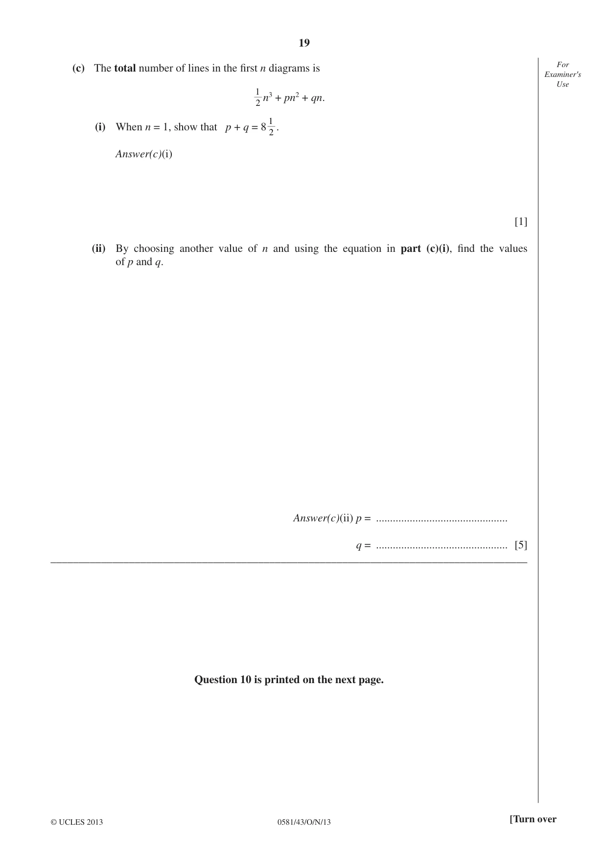Cambridge IGCSE Mathematics (with coursework) 0581 2013 Oct/Nov Paper 4 · Variant 3 question paper, page 19 of 20