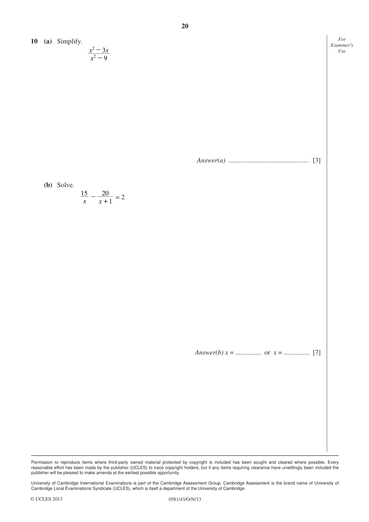 Cambridge IGCSE Mathematics (with coursework) 0581 2013 Oct/Nov Paper 4 · Variant 3 question paper, page 20 of 20