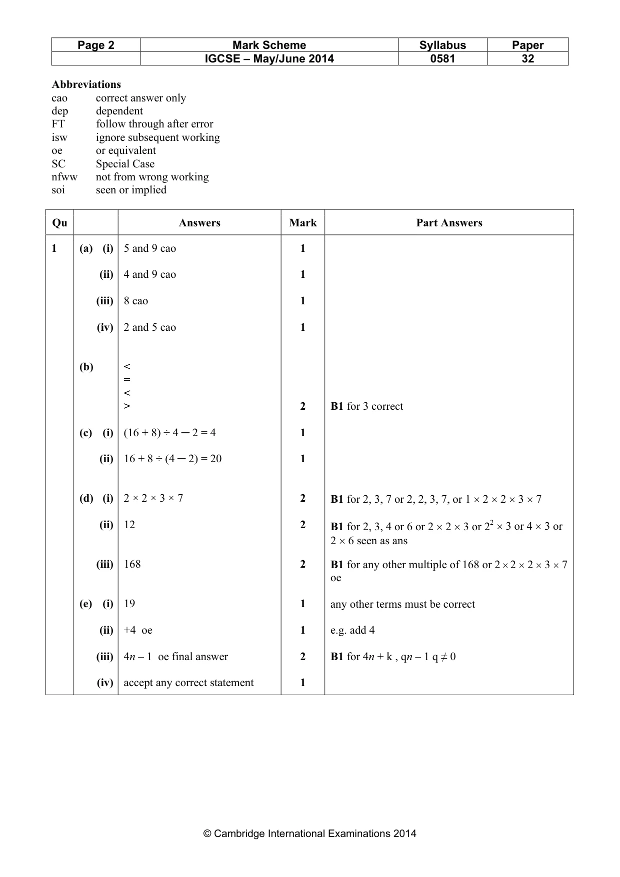 Mark scheme, page 2 of 5