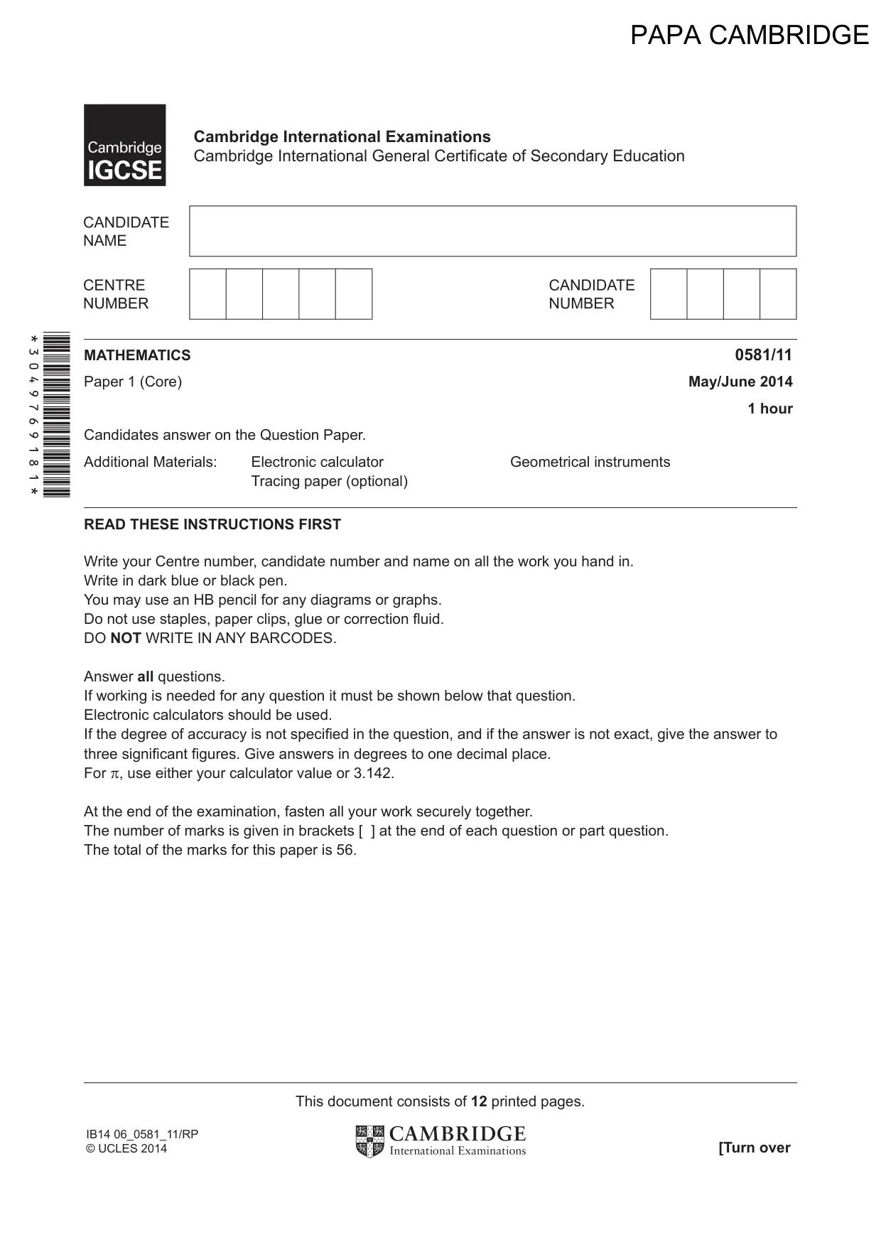 Cambridge IGCSE Mathematics (with coursework) 0581 2014 May/June Paper 1 · Variant 1 question paper, page 1 of 12