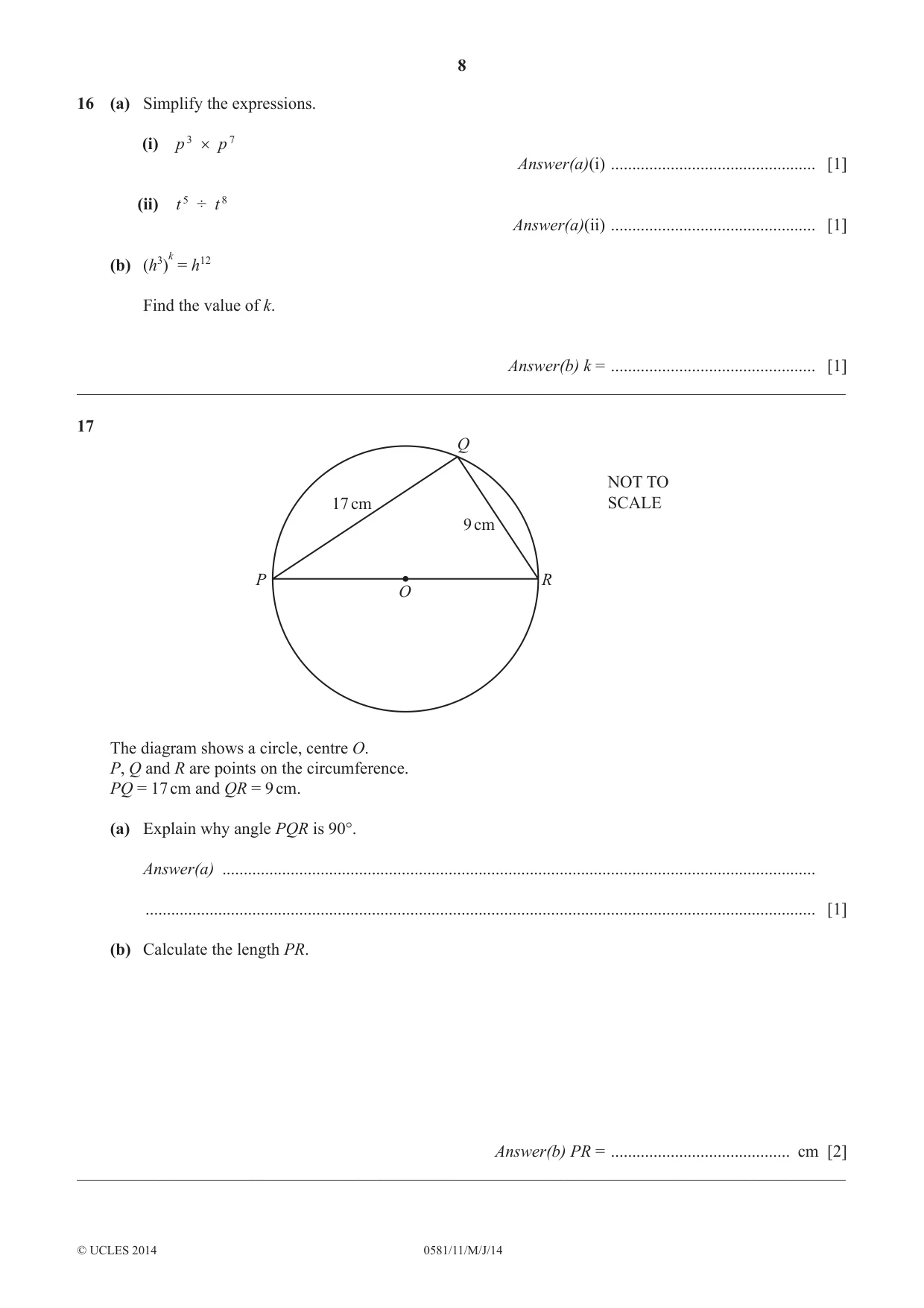 Cambridge IGCSE Mathematics (with coursework) 0581 2014 May/June Paper 1 · Variant 1 question paper, page 8 of 12