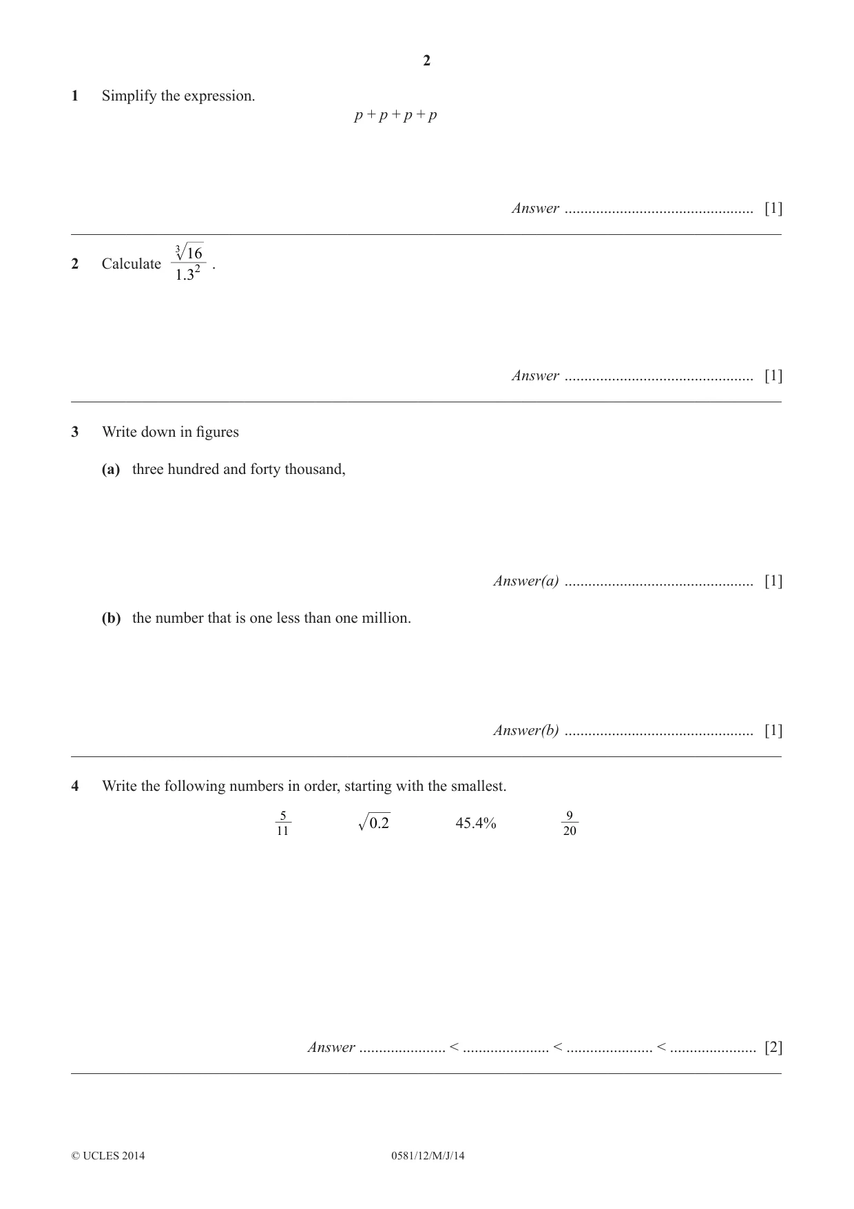Cambridge IGCSE Mathematics (with coursework) 0581 2014 May/June Paper 1 · Variant 2 question paper, page 2 of 12