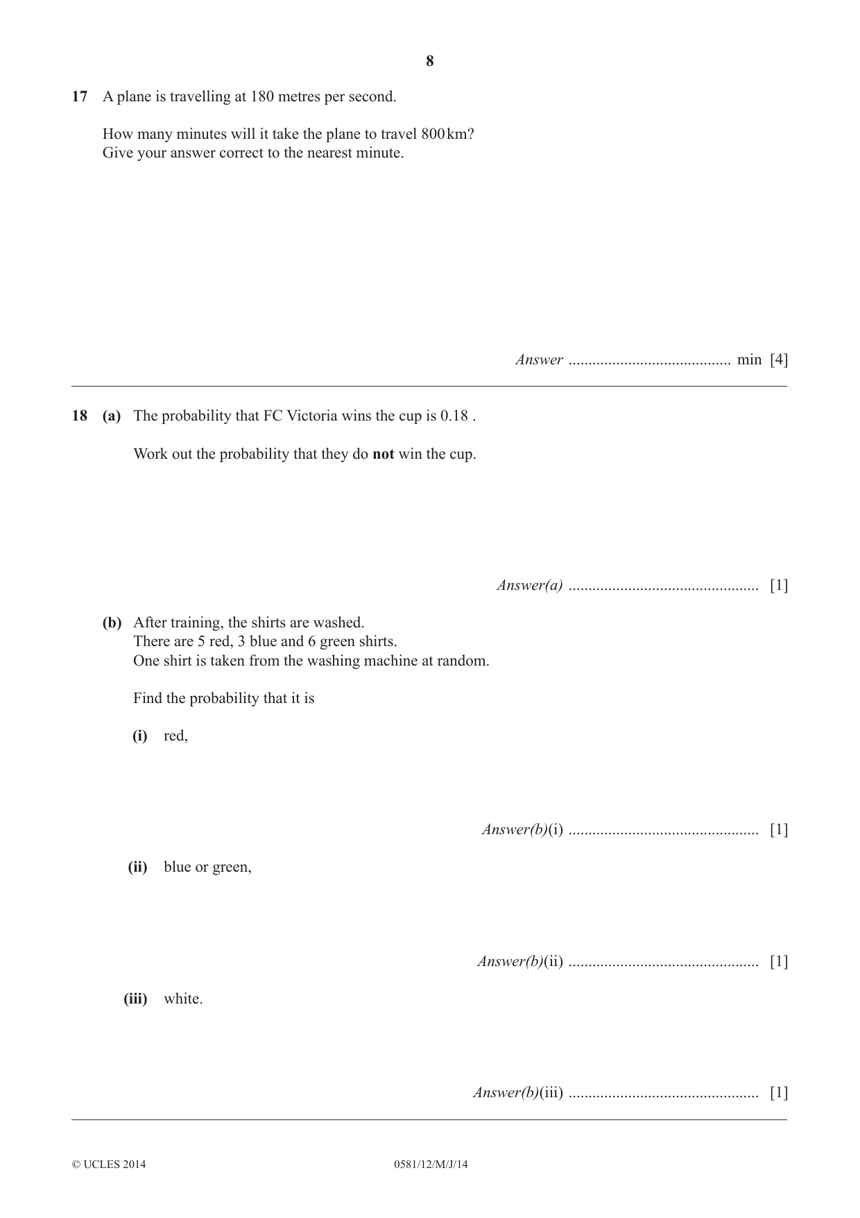 Cambridge IGCSE Mathematics (with coursework) 0581 2014 May/June Paper 1 · Variant 2 question paper, page 8 of 12