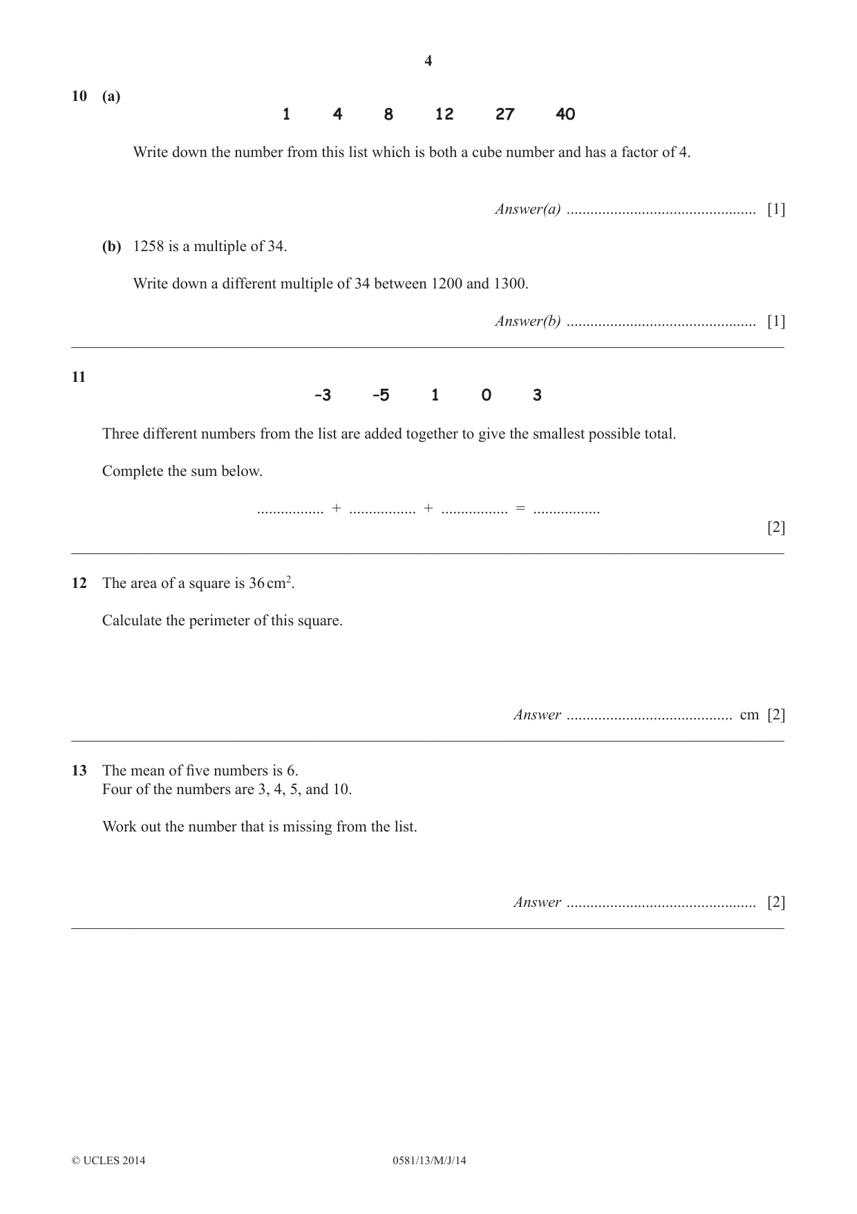 Cambridge IGCSE Mathematics (with coursework) 0581 2014 May/June Paper 1 · Variant 3 question paper, page 4 of 12