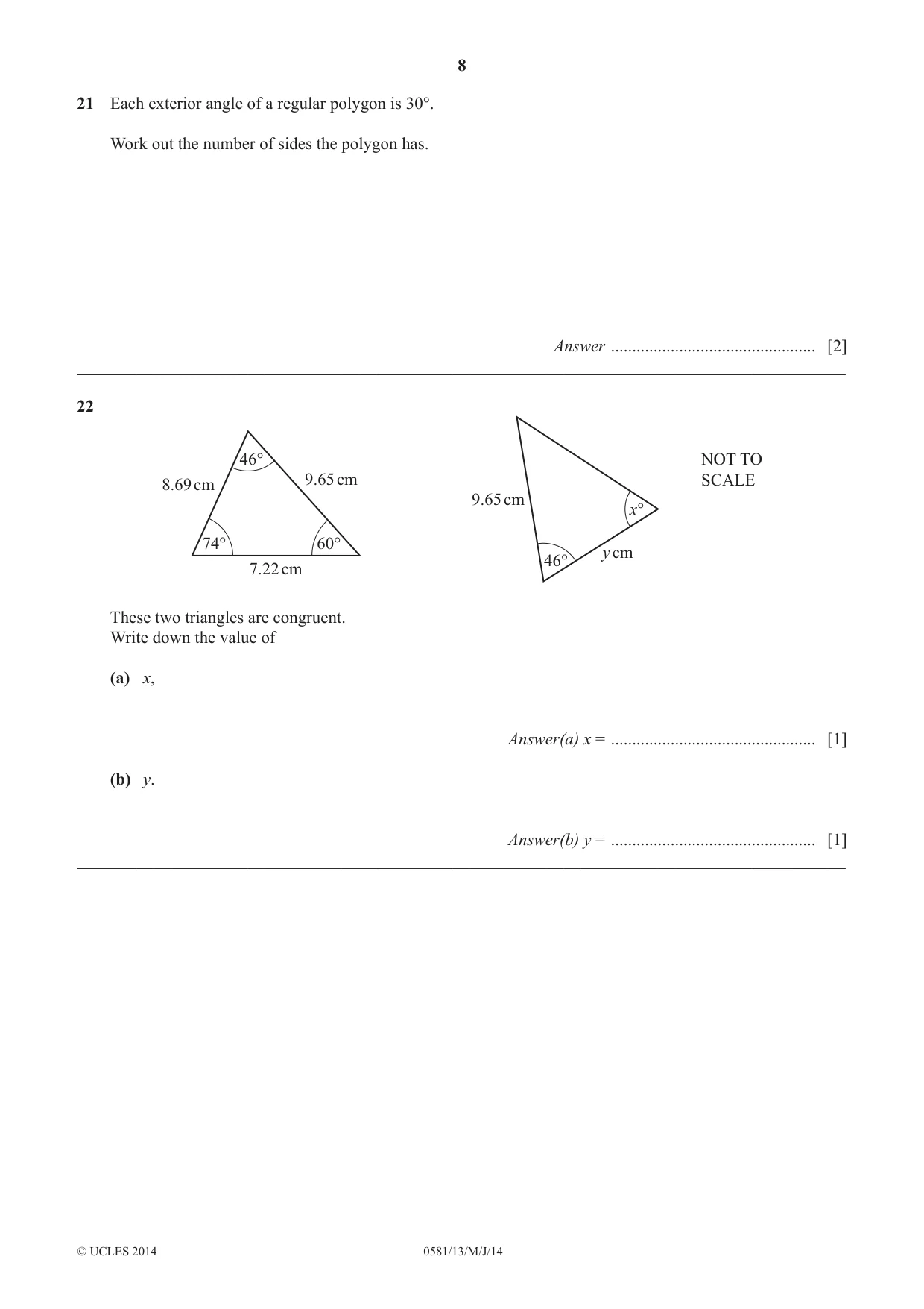 Cambridge IGCSE Mathematics (with coursework) 0581 2014 May/June Paper 1 · Variant 3 question paper, page 8 of 12