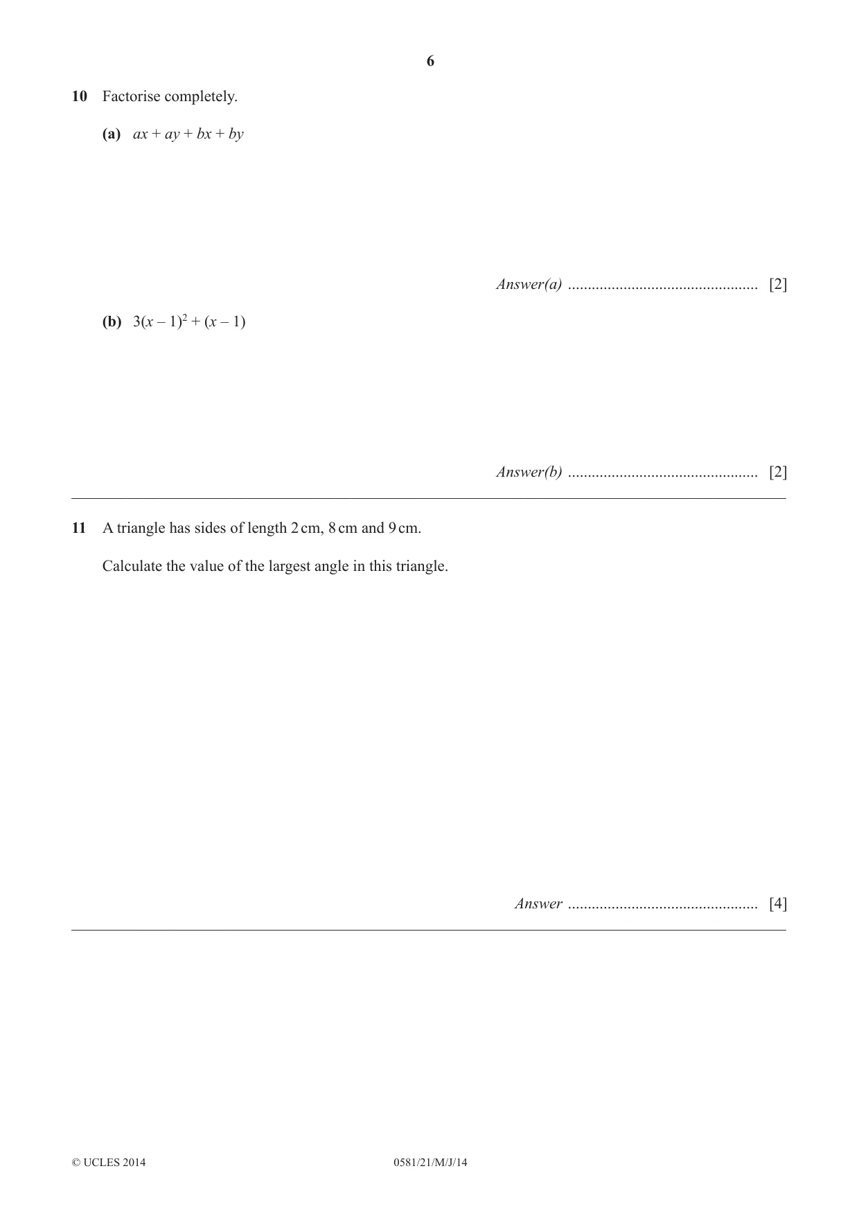 Cambridge IGCSE Mathematics (with coursework) 0581 2014 May/June Paper 2 · Variant 1 question paper, page 6 of 12