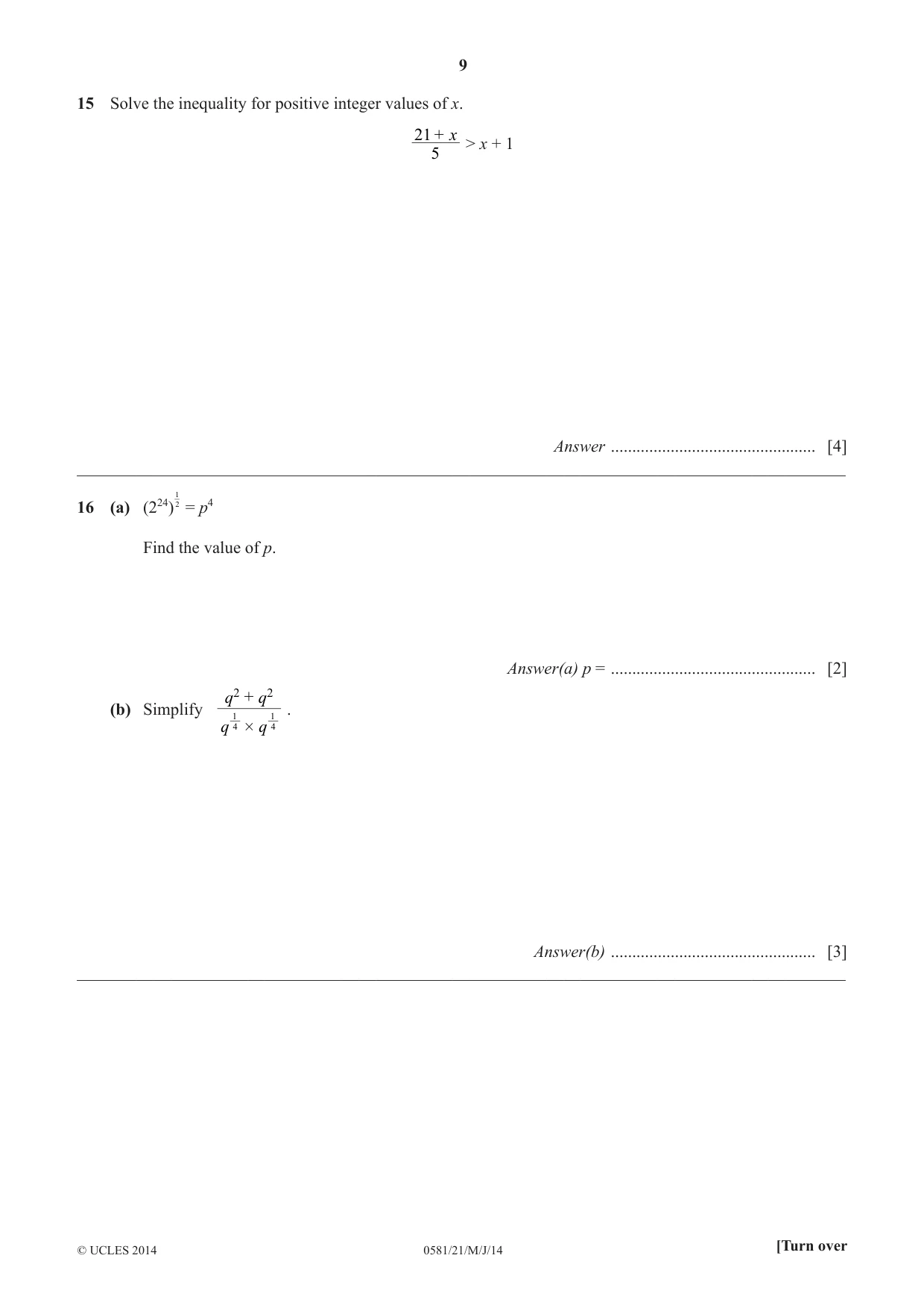 Cambridge IGCSE Mathematics (with coursework) 0581 2014 May/June Paper 2 · Variant 1 question paper, page 9 of 12