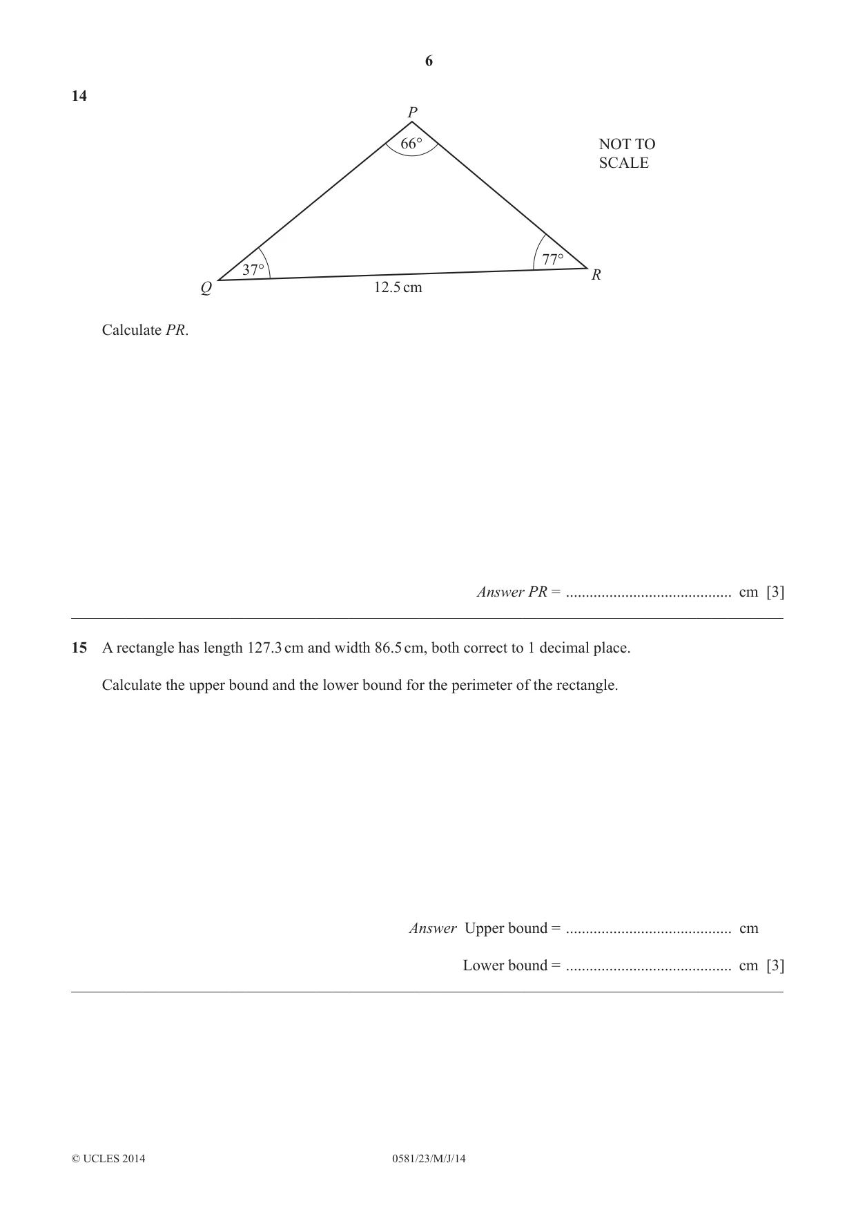 Cambridge IGCSE Mathematics (with coursework) 0581 2014 May/June Paper 2 · Variant 3 question paper, page 6 of 12