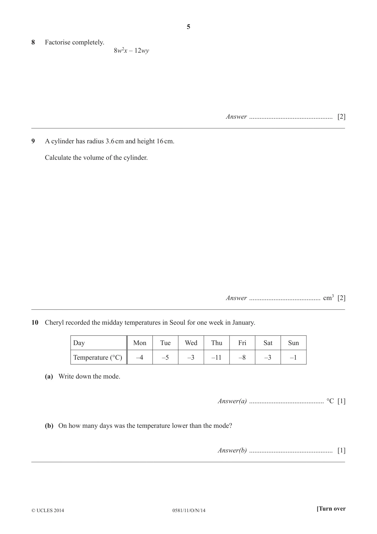 Cambridge IGCSE Mathematics (with coursework) 0581 2014 Oct/Nov Paper 1 · Variant 1 question paper, page 5 of 12