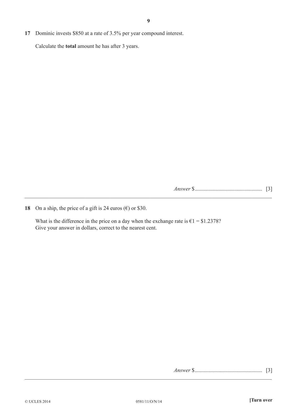 Cambridge IGCSE Mathematics (with coursework) 0581 2014 Oct/Nov Paper 1 · Variant 1 question paper, page 9 of 12