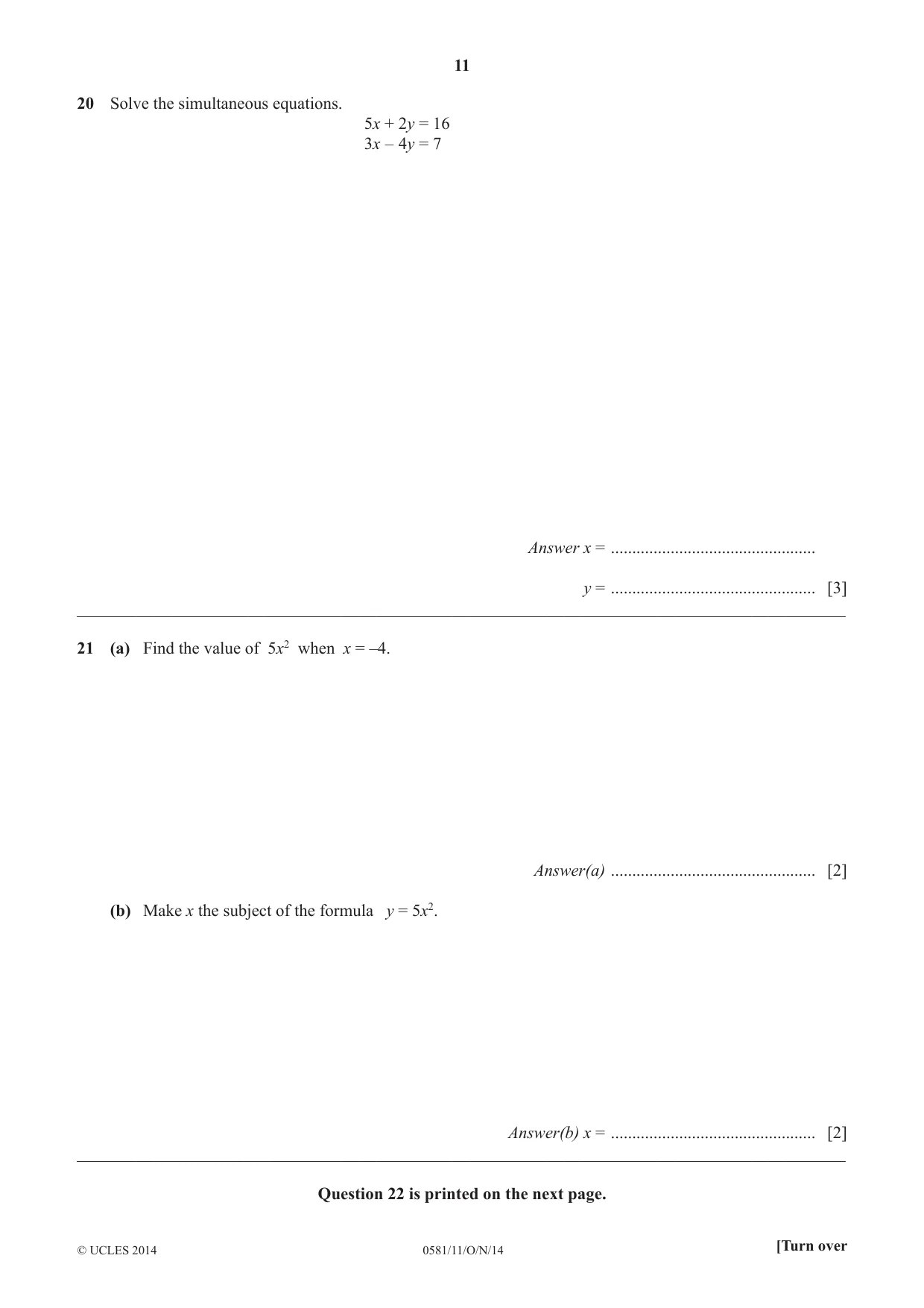 Cambridge IGCSE Mathematics (with coursework) 0581 2014 Oct/Nov Paper 1 · Variant 1 question paper, page 11 of 12