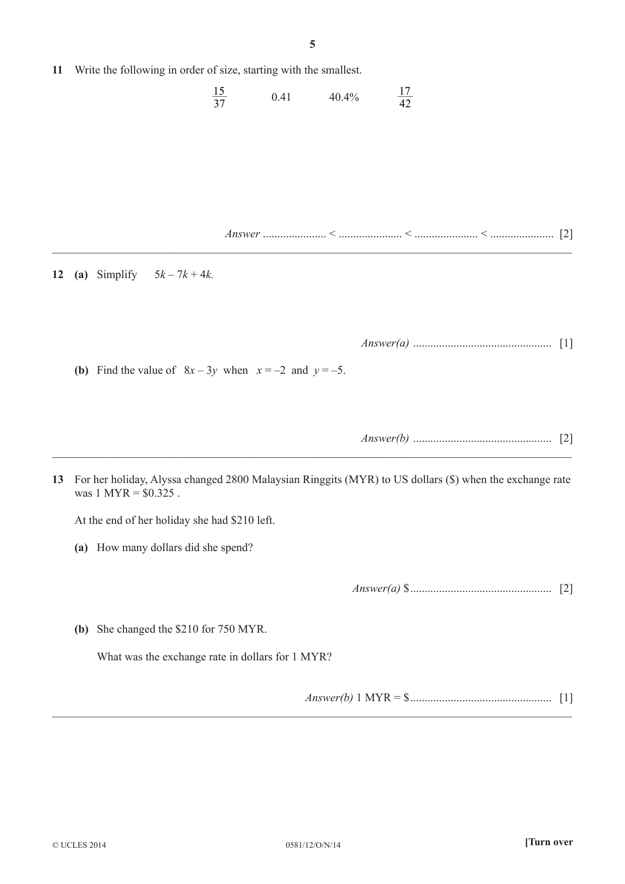 Cambridge IGCSE Mathematics (with coursework) 0581 2014 Oct/Nov Paper 1 · Variant 2 question paper, page 5 of 12