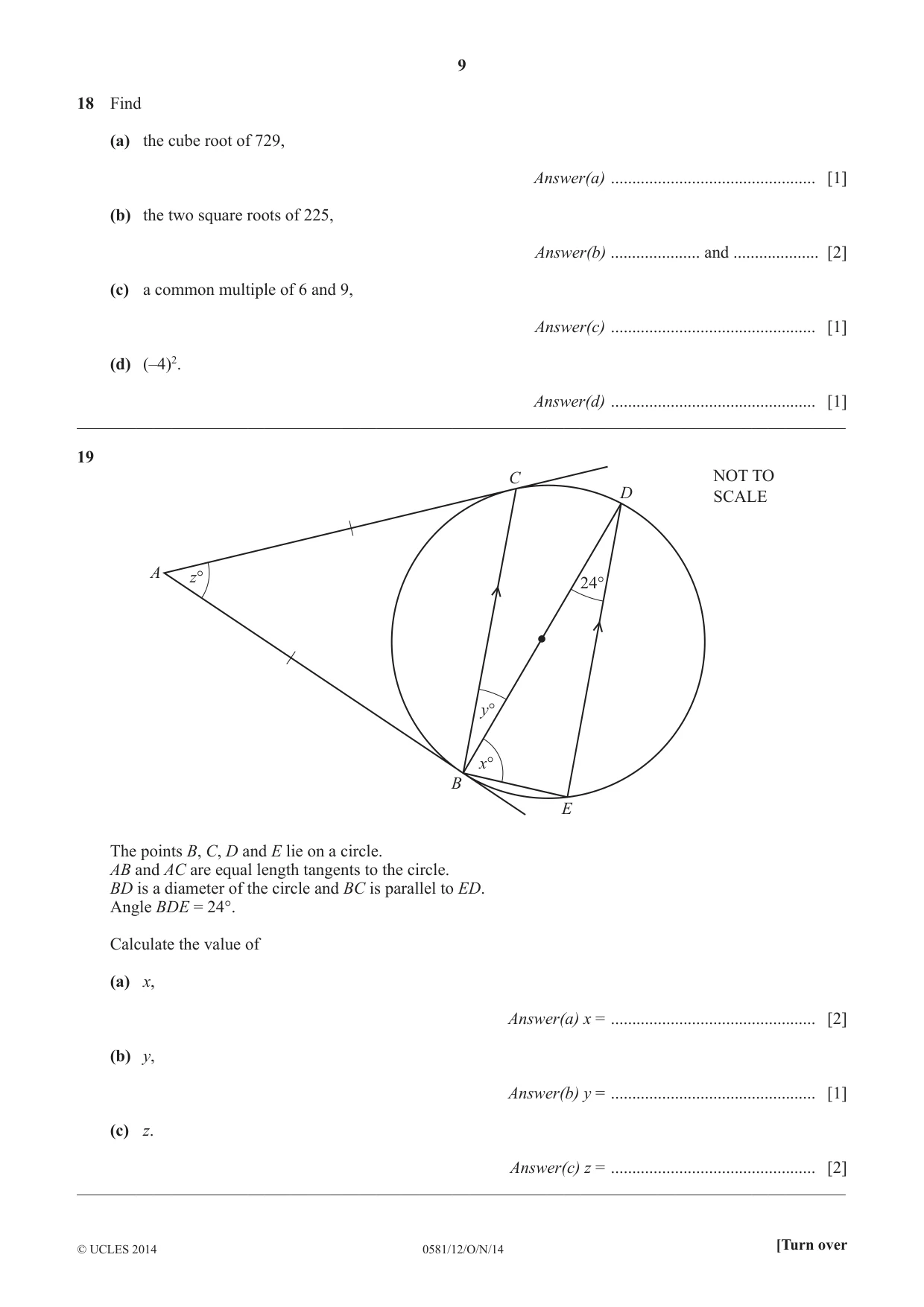 Cambridge IGCSE Mathematics (with coursework) 0581 2014 Oct/Nov Paper 1 · Variant 2 question paper, page 9 of 12