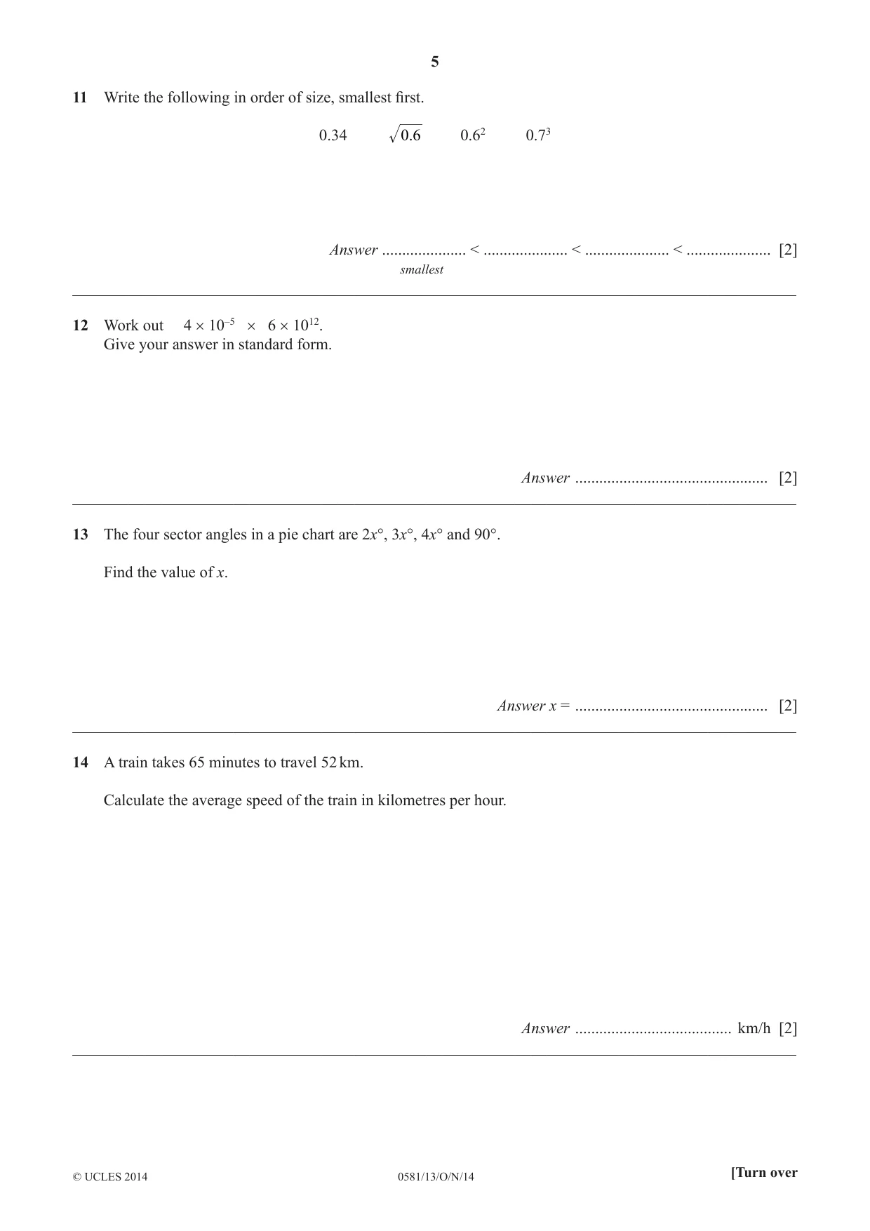 Cambridge IGCSE Mathematics (with coursework) 0581 2014 Oct/Nov Paper 1 · Variant 3 question paper, page 5 of 12