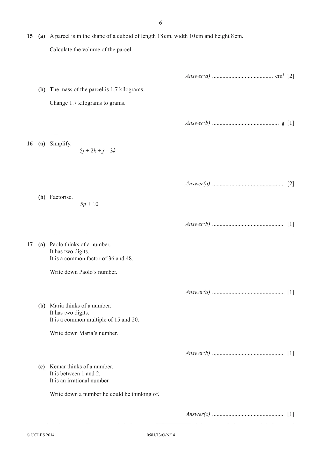 Cambridge IGCSE Mathematics (with coursework) 0581 2014 Oct/Nov Paper 1 · Variant 3 question paper, page 6 of 12