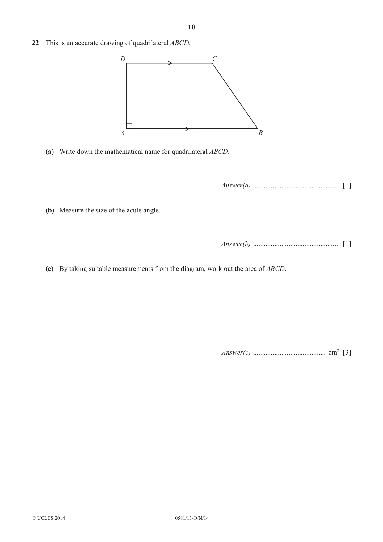 Cambridge IGCSE Mathematics (with coursework) 0581 2014 Oct/Nov Paper 1 · Variant 3 question paper, page 10 of 12