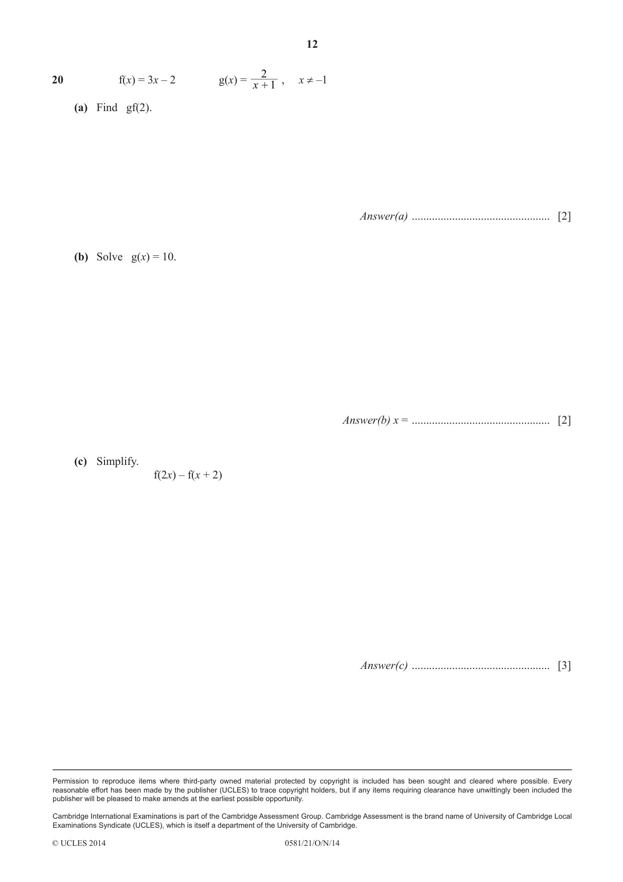 Cambridge IGCSE Mathematics (with coursework) 0581 2014 Oct/Nov Paper 2 · Variant 1 question paper, page 12 of 12