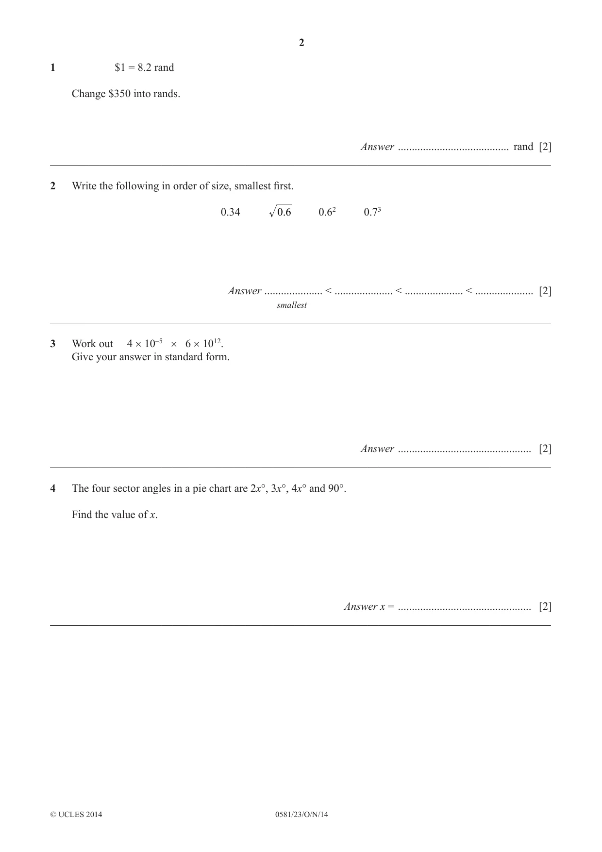 Cambridge IGCSE Mathematics (with coursework) 0581 2014 Oct/Nov Paper 2 · Variant 3 question paper, page 2 of 12