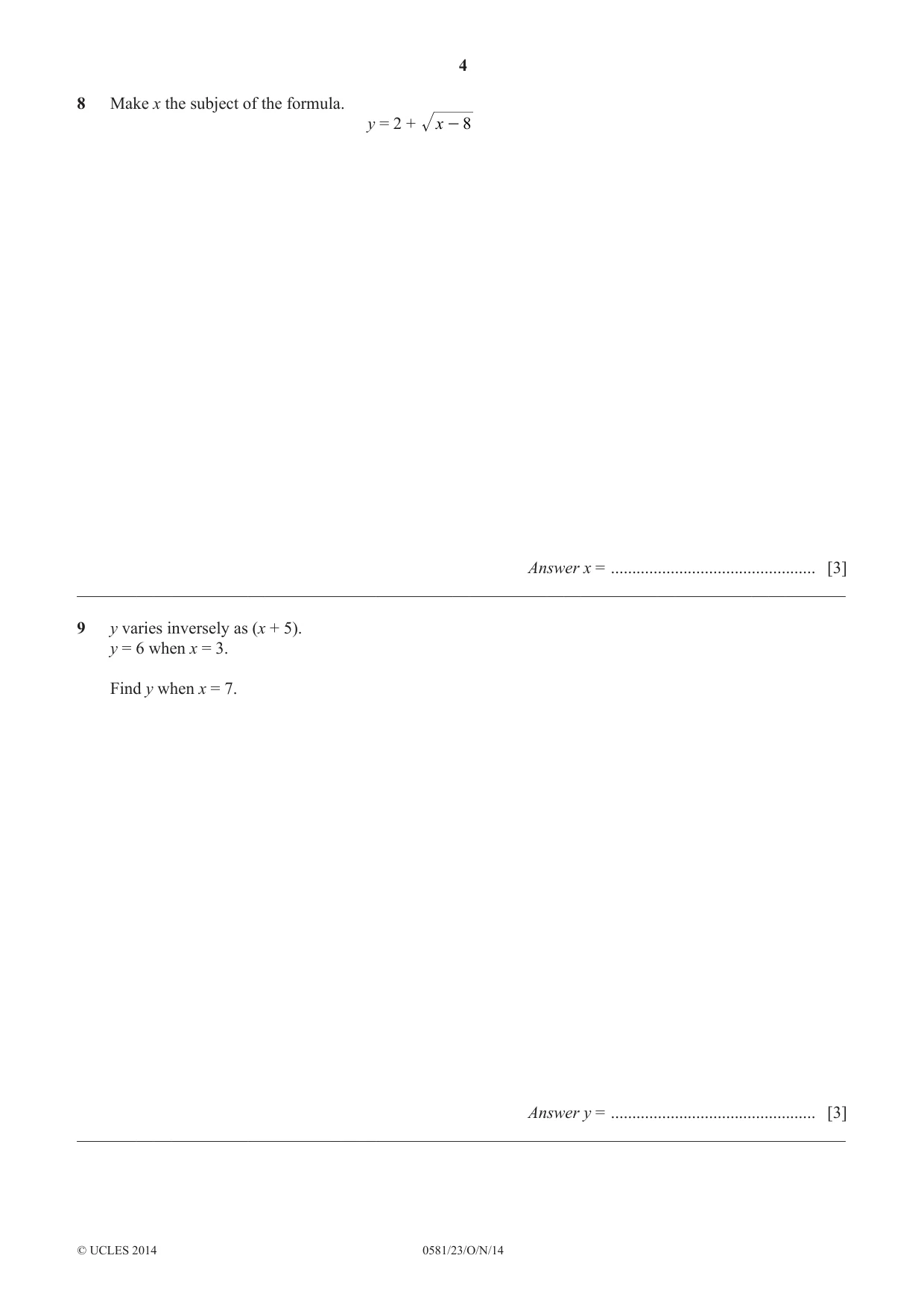 Cambridge IGCSE Mathematics (with coursework) 0581 2014 Oct/Nov Paper 2 · Variant 3 question paper, page 4 of 12