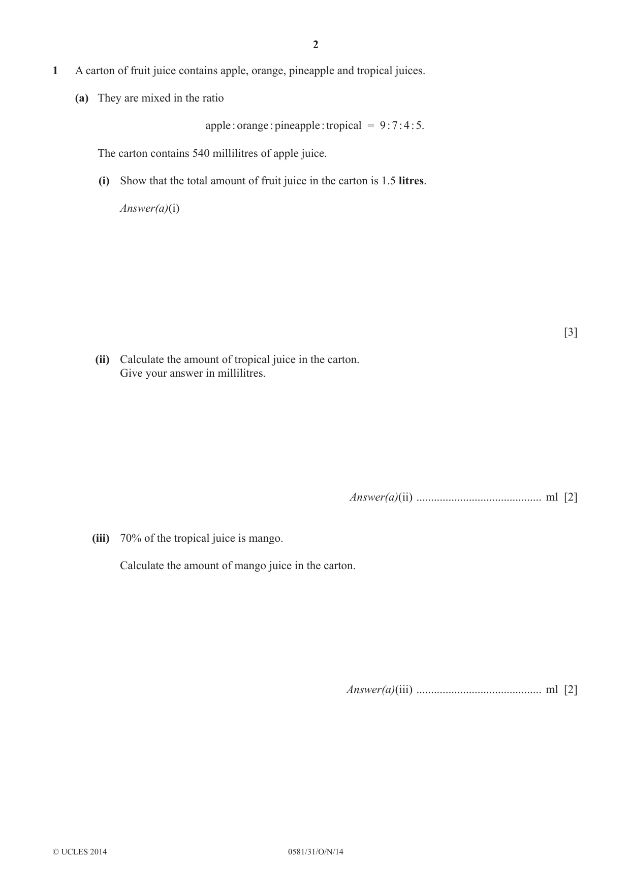 Cambridge IGCSE Mathematics (with coursework) 0581 2014 Oct/Nov Paper 3 · Variant 1 question paper, page 2 of 16