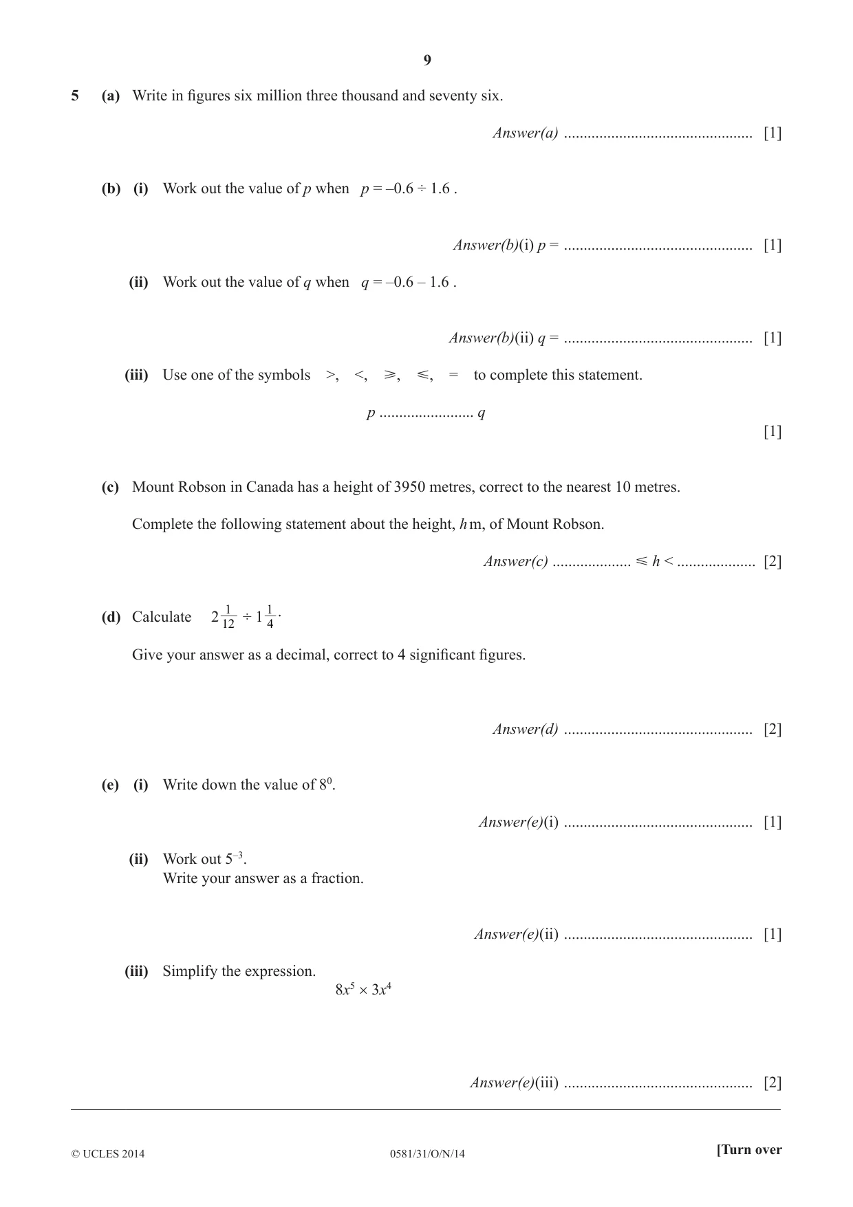 Cambridge IGCSE Mathematics (with coursework) 0581 2014 Oct/Nov Paper 3 · Variant 1 question paper, page 9 of 16