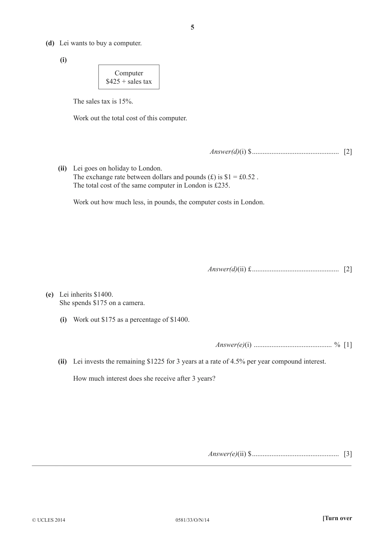 Cambridge IGCSE Mathematics (with coursework) 0581 2014 Oct/Nov Paper 3 · Variant 3 question paper, page 5 of 16