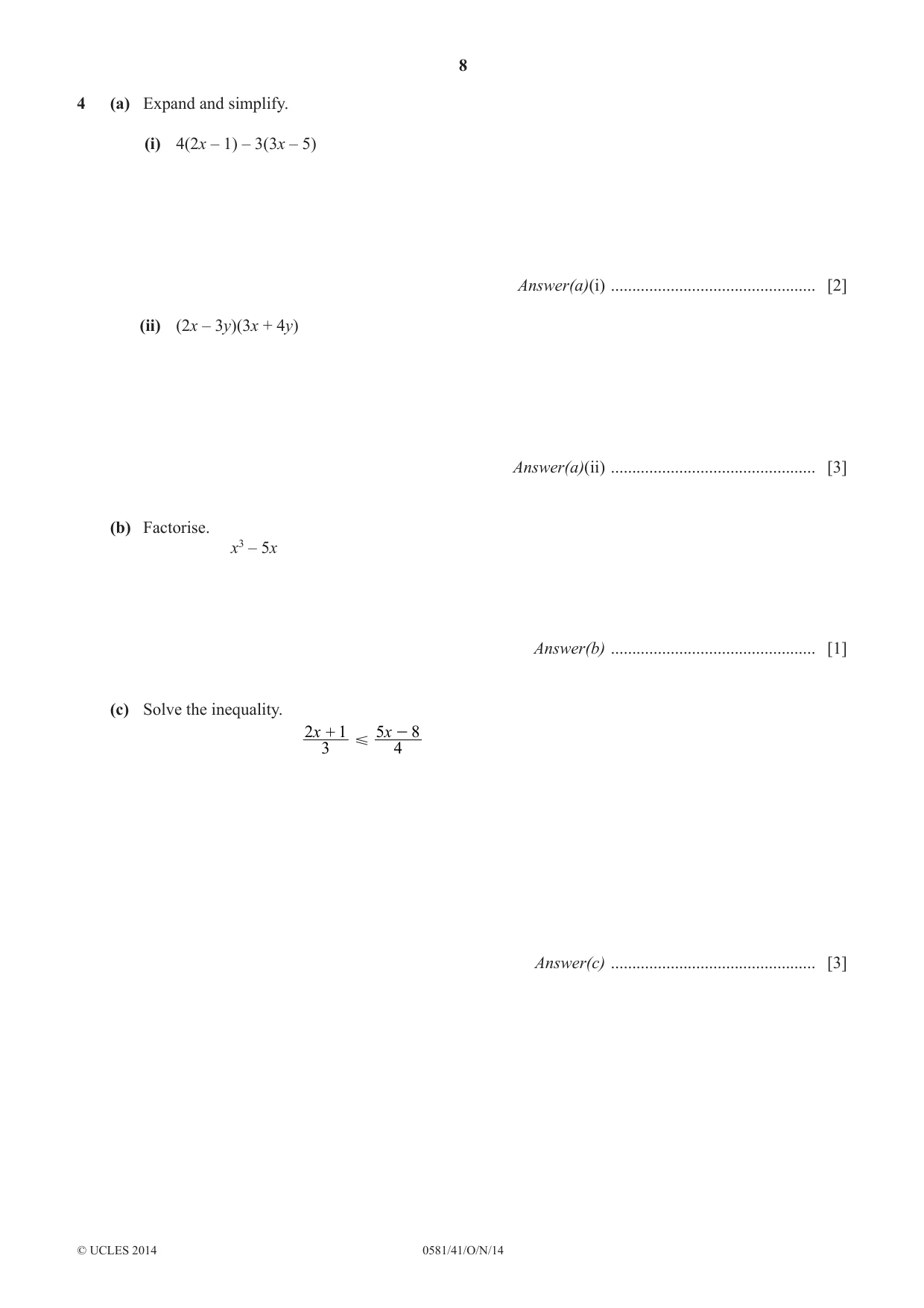 Cambridge IGCSE Mathematics (with coursework) 0581 2014 Oct/Nov Paper 4 · Variant 1 question paper, page 8 of 20