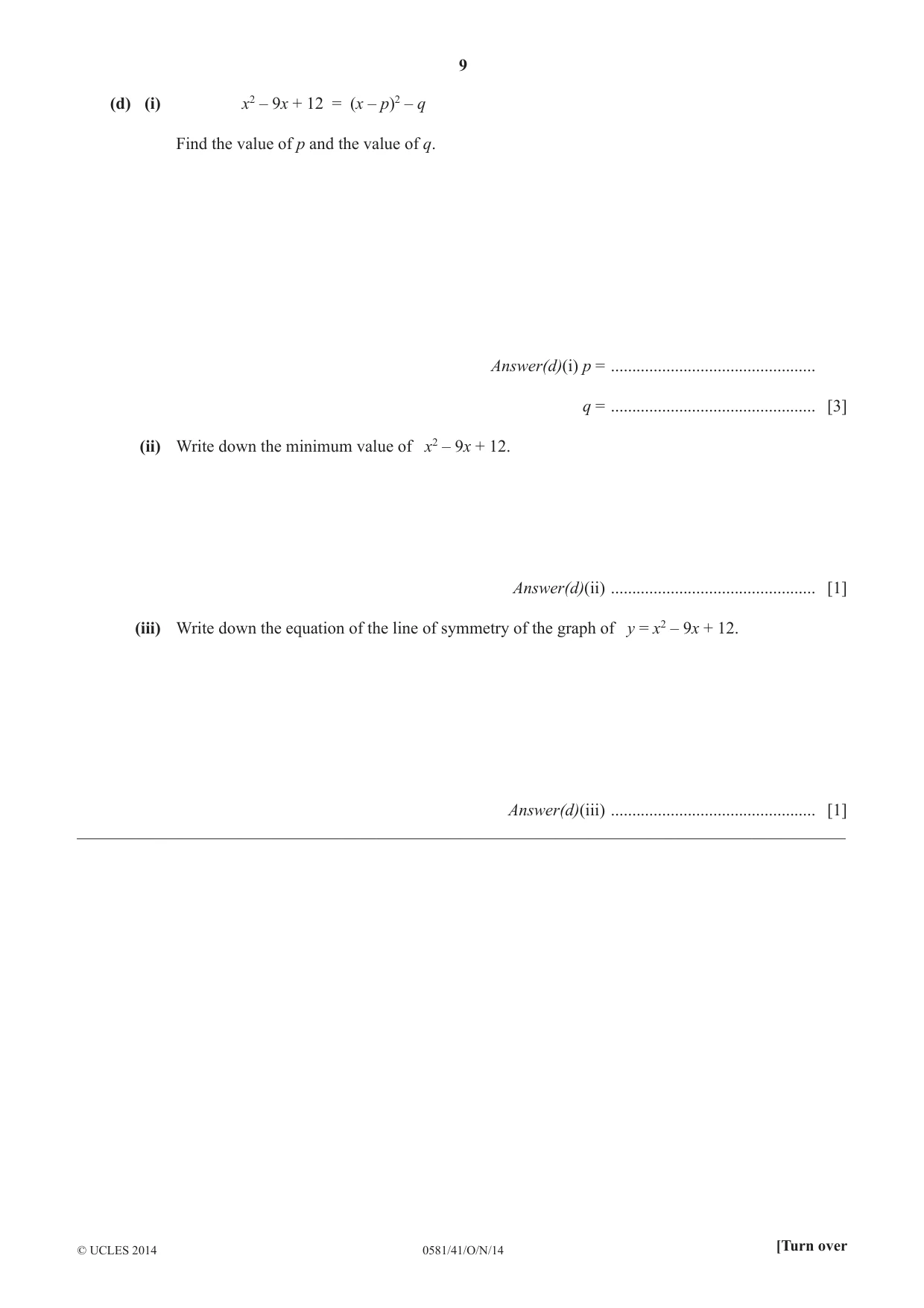 Cambridge IGCSE Mathematics (with coursework) 0581 2014 Oct/Nov Paper 4 · Variant 1 question paper, page 9 of 20