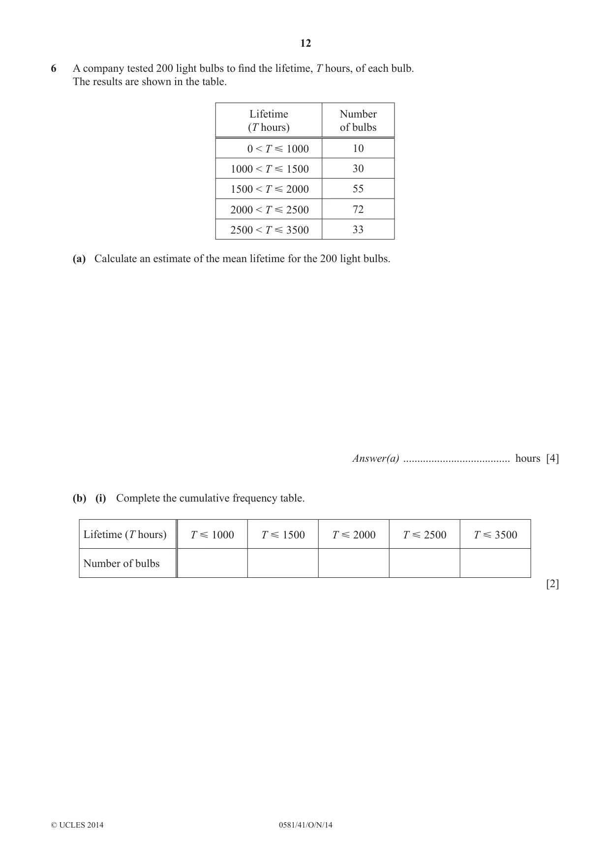 Cambridge IGCSE Mathematics (with coursework) 0581 2014 Oct/Nov Paper 4 · Variant 1 question paper, page 12 of 20