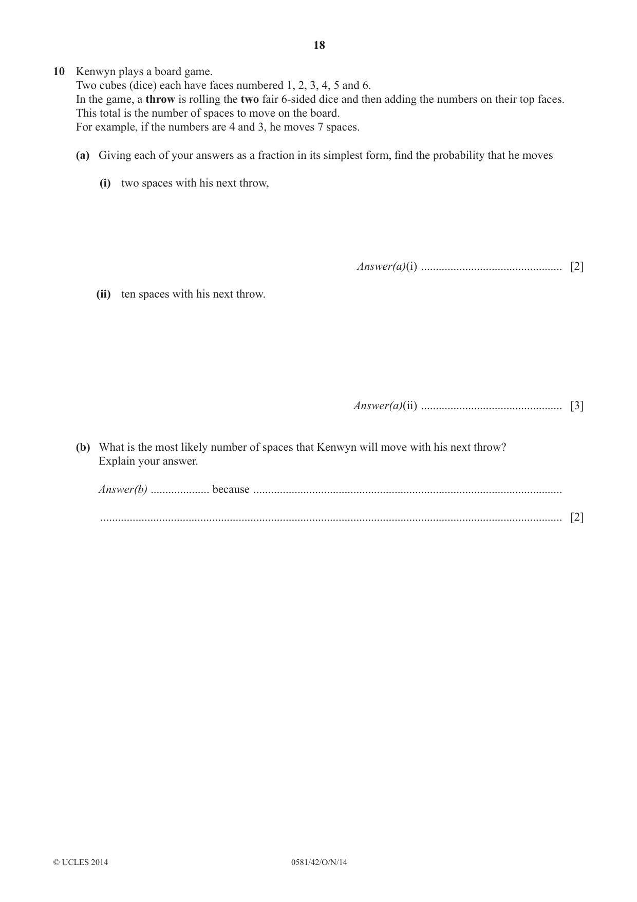 Cambridge IGCSE Mathematics (with coursework) 0581 2014 Oct/Nov Paper 4 · Variant 2 question paper, page 18 of 20