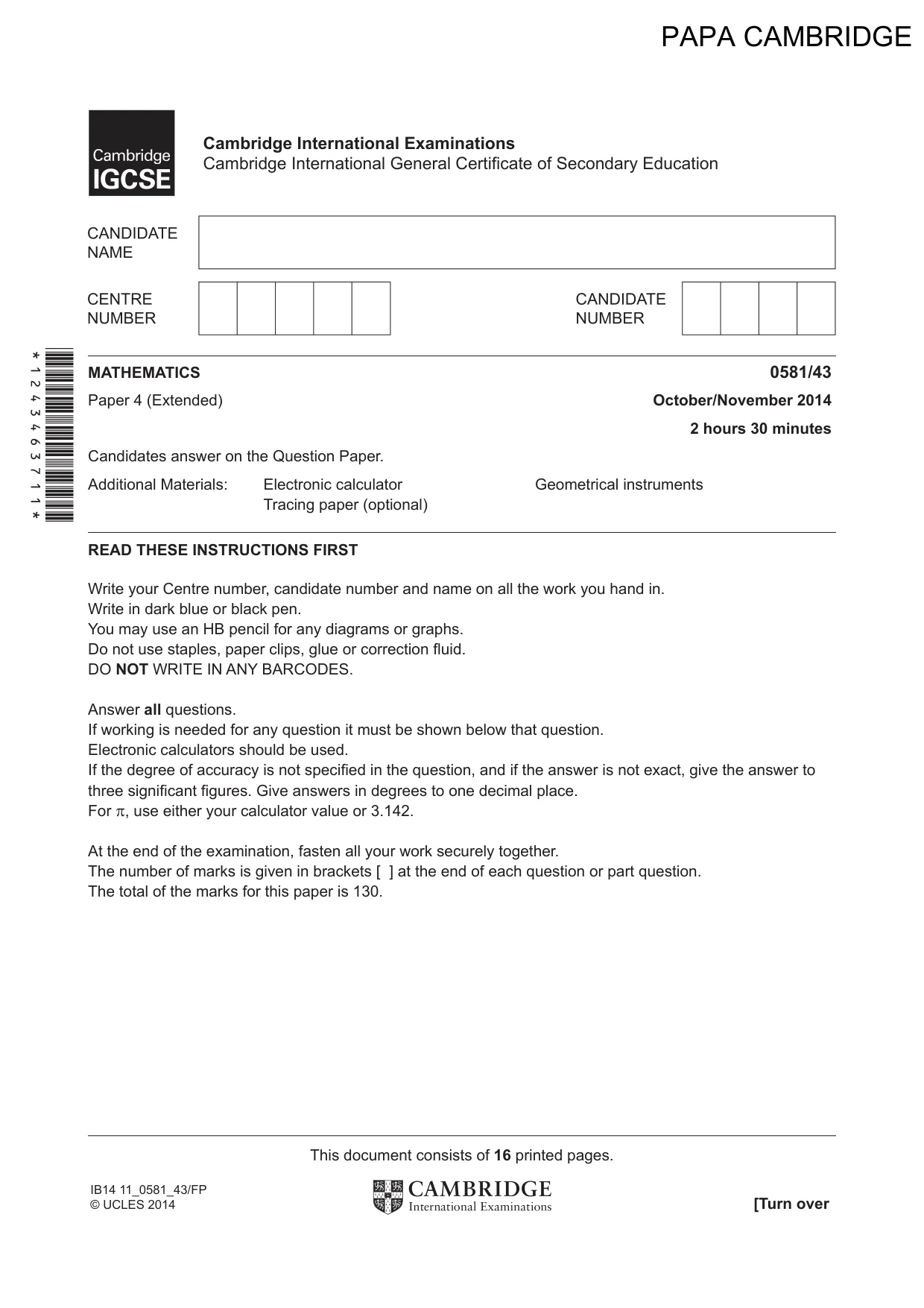 Cambridge IGCSE Mathematics (with coursework) 0581 2014 Oct/Nov Paper 4 · Variant 3 question paper, page 1 of 16