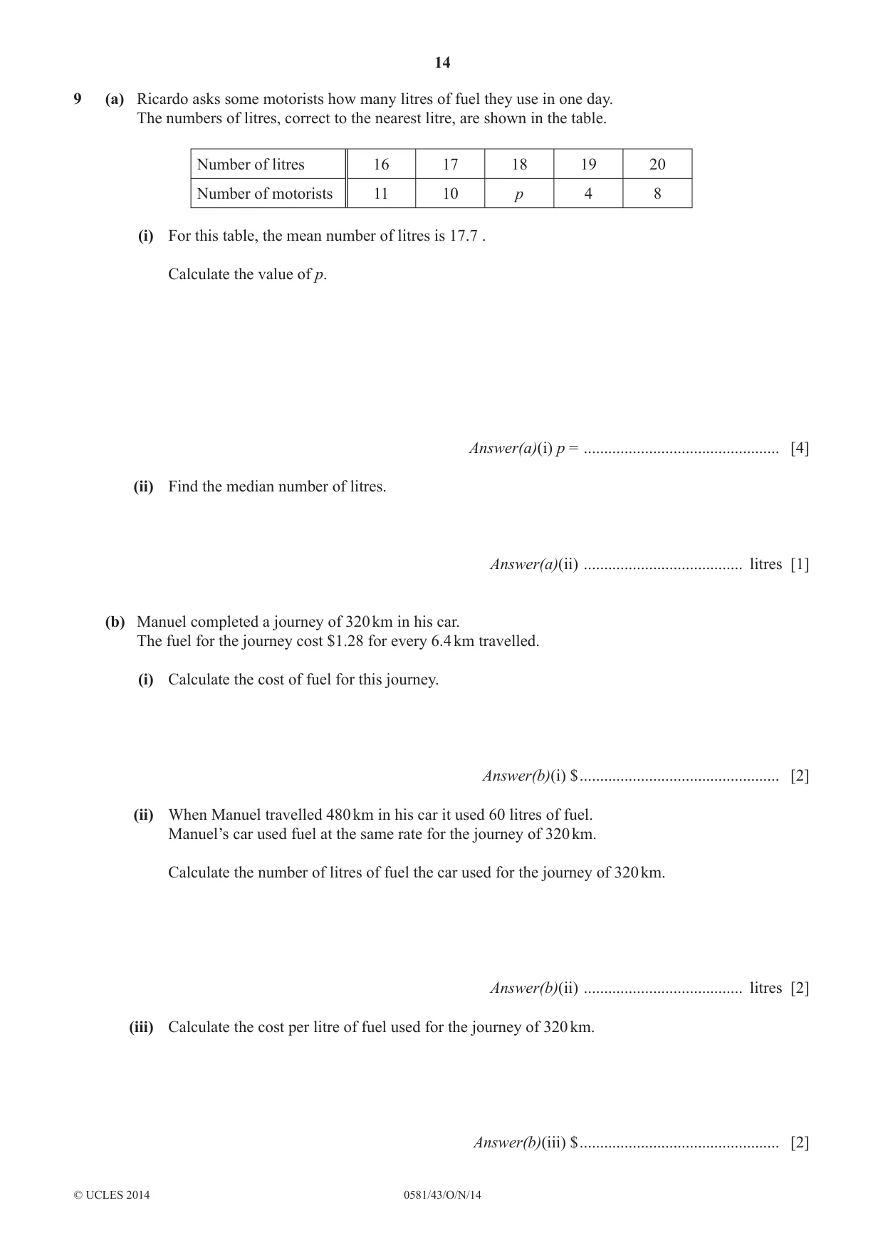 Cambridge IGCSE Mathematics (with coursework) 0581 2014 Oct/Nov Paper 4 · Variant 3 question paper, page 14 of 16