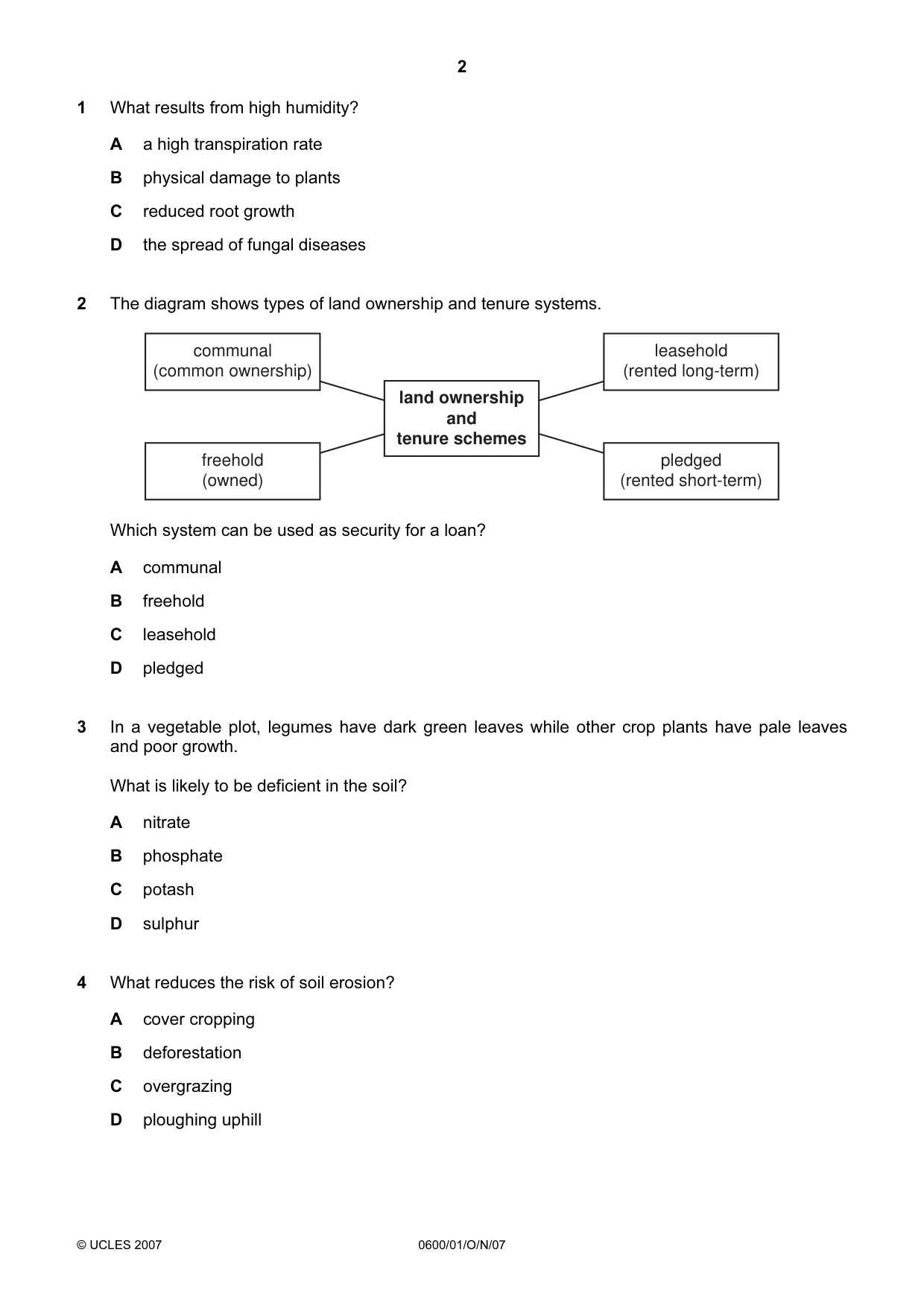 Cambridge IGCSE Agriculture 0600 2007 Oct/Nov Paper 1 · Variant 1 question paper, page 2 of 20