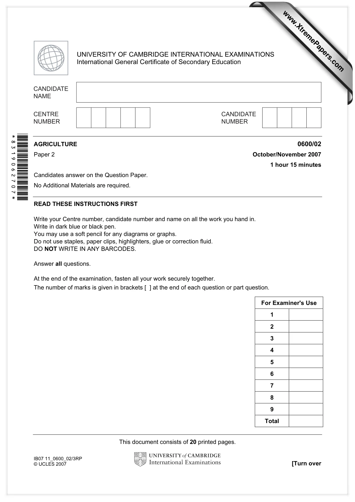 Cambridge IGCSE Agriculture 0600 2007 Oct/Nov Paper 2 · Variant 1 question paper, page 1 of 20