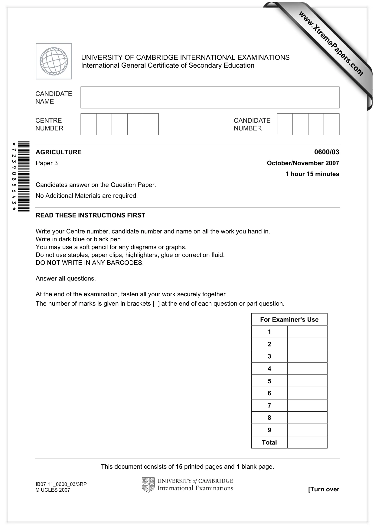 Cambridge IGCSE Agriculture 0600 2007 Oct/Nov Paper 3 · Variant 1 question paper, page 1 of 16