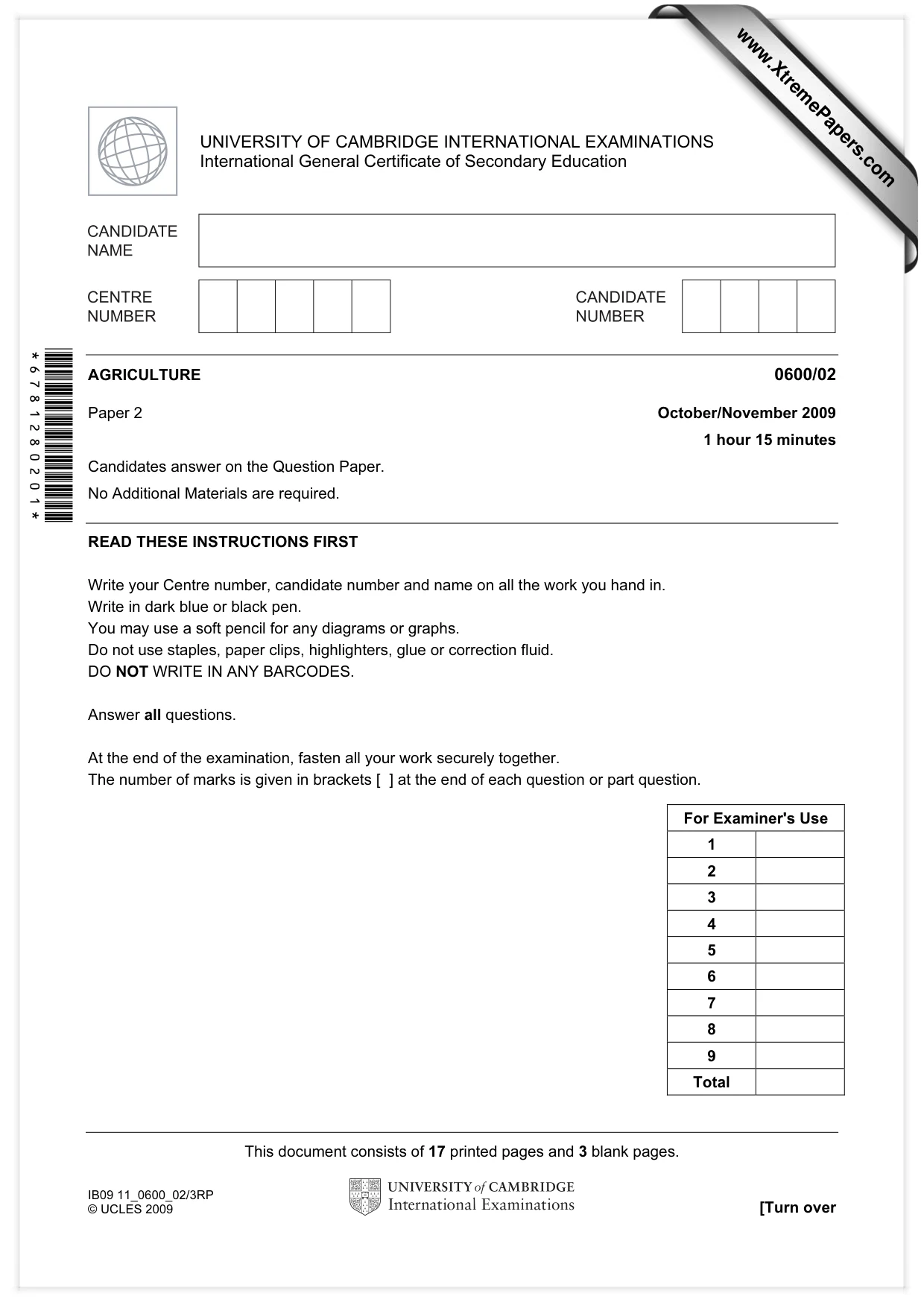 Cambridge IGCSE Agriculture 0600 2009 Oct/Nov Paper 2 · Variant 1 question paper, page 1 of 20