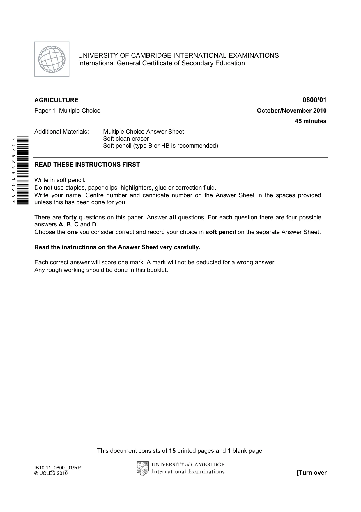 Cambridge IGCSE Agriculture 0600 2010 Oct/Nov Paper 1 · Variant 1 question paper, page 1 of 16