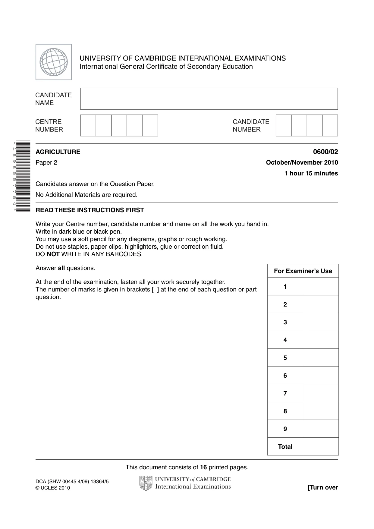 Cambridge IGCSE Agriculture 0600 2010 Oct/Nov Paper 2 · Variant 1 question paper, page 1 of 16