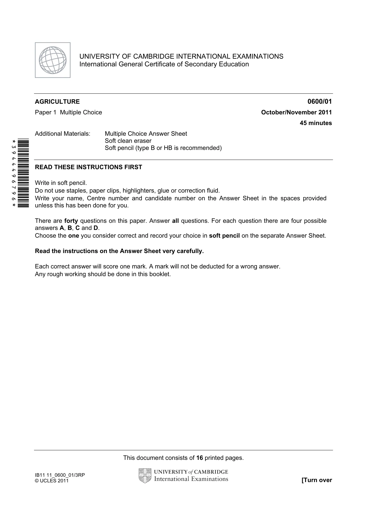 Cambridge IGCSE Agriculture 0600 2011 Oct/Nov Paper 1 · Variant 1 question paper, page 1 of 16