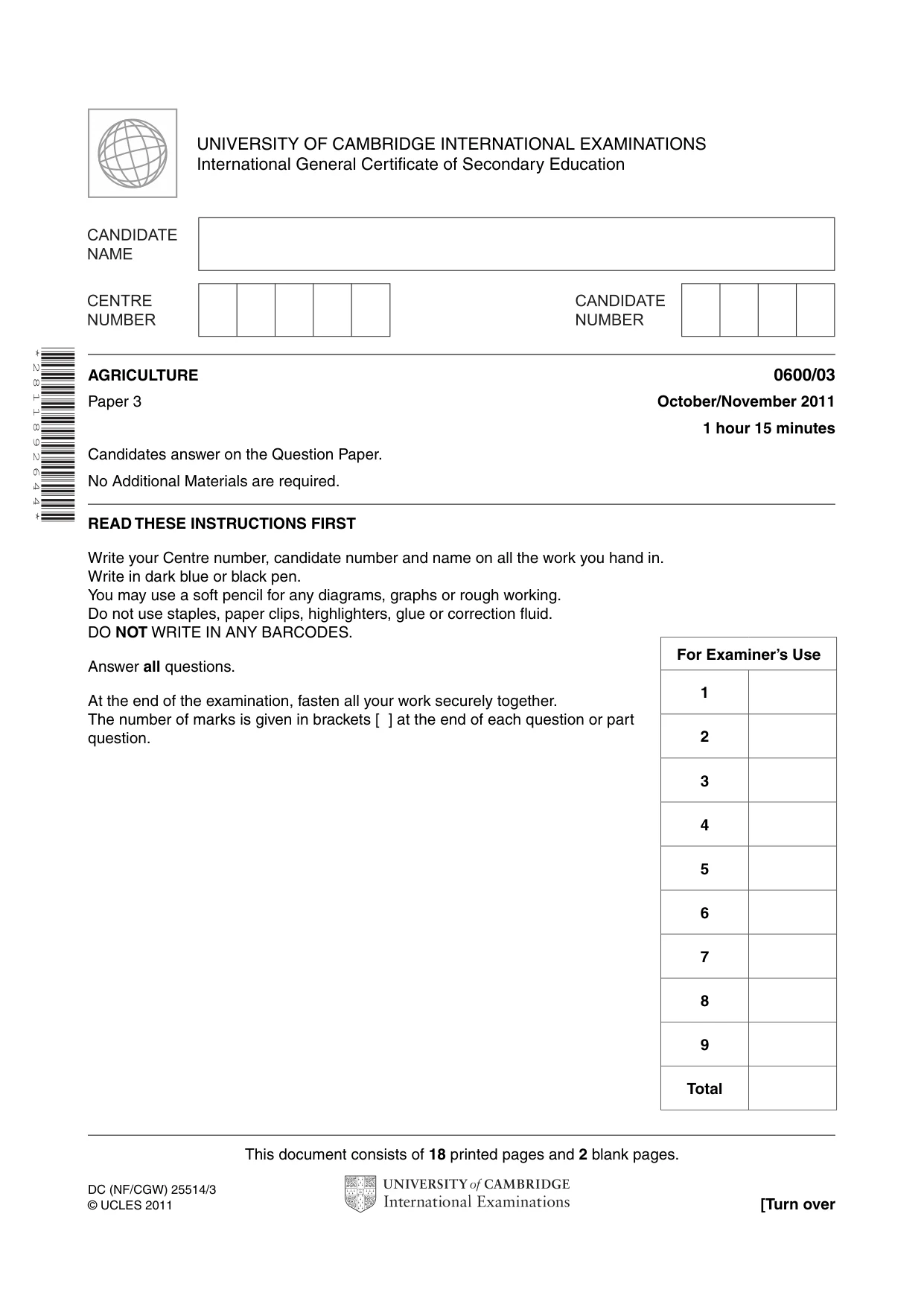 Cambridge IGCSE Agriculture 0600 2011 Oct/Nov Paper 3 · Variant 1 question paper, page 1 of 20