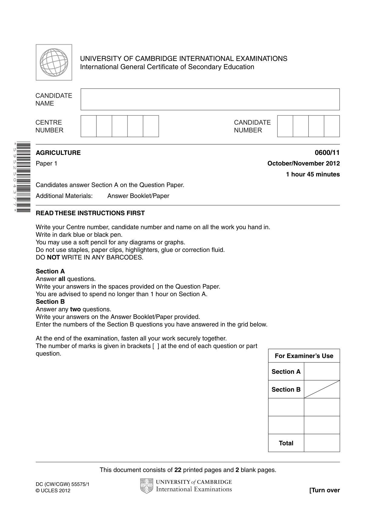 Cambridge IGCSE Agriculture 0600 2012 Oct/Nov Paper 1 · Variant 1 question paper, page 1 of 24