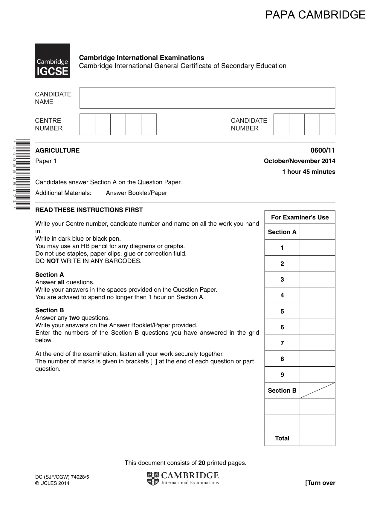 Cambridge IGCSE Agriculture 0600 2014 Oct/Nov Paper 1 · Variant 1 question paper, page 1 of 20