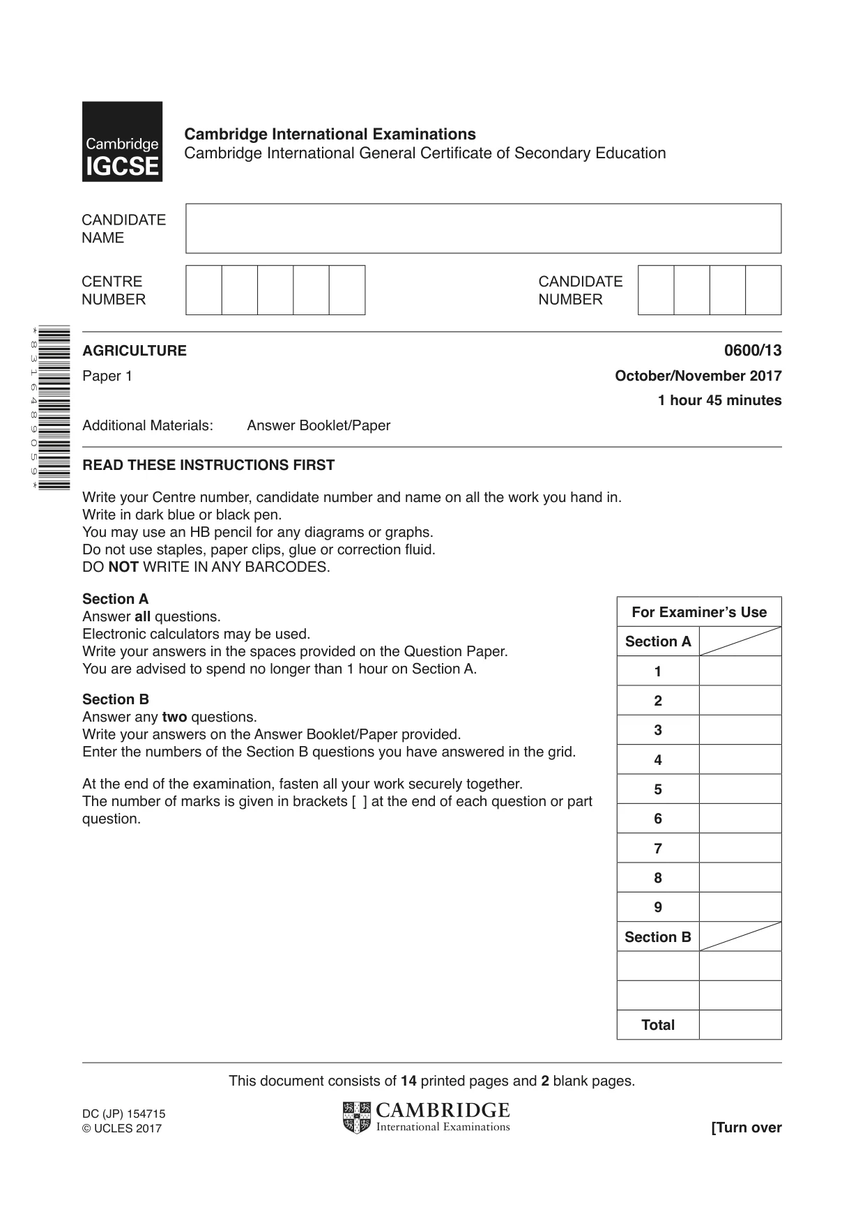 Cambridge IGCSE Agriculture 0600 2017 Oct/Nov Paper 1 · Variant 3 question paper, page 1 of 16
